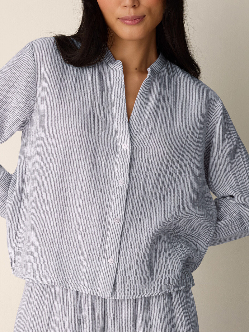 Striped Organic Cotton Gauze Band Collar Shirt 5