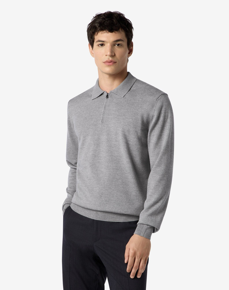 CORNELIANI Light melange grey zip-up extra fine wool polo shirt outlook