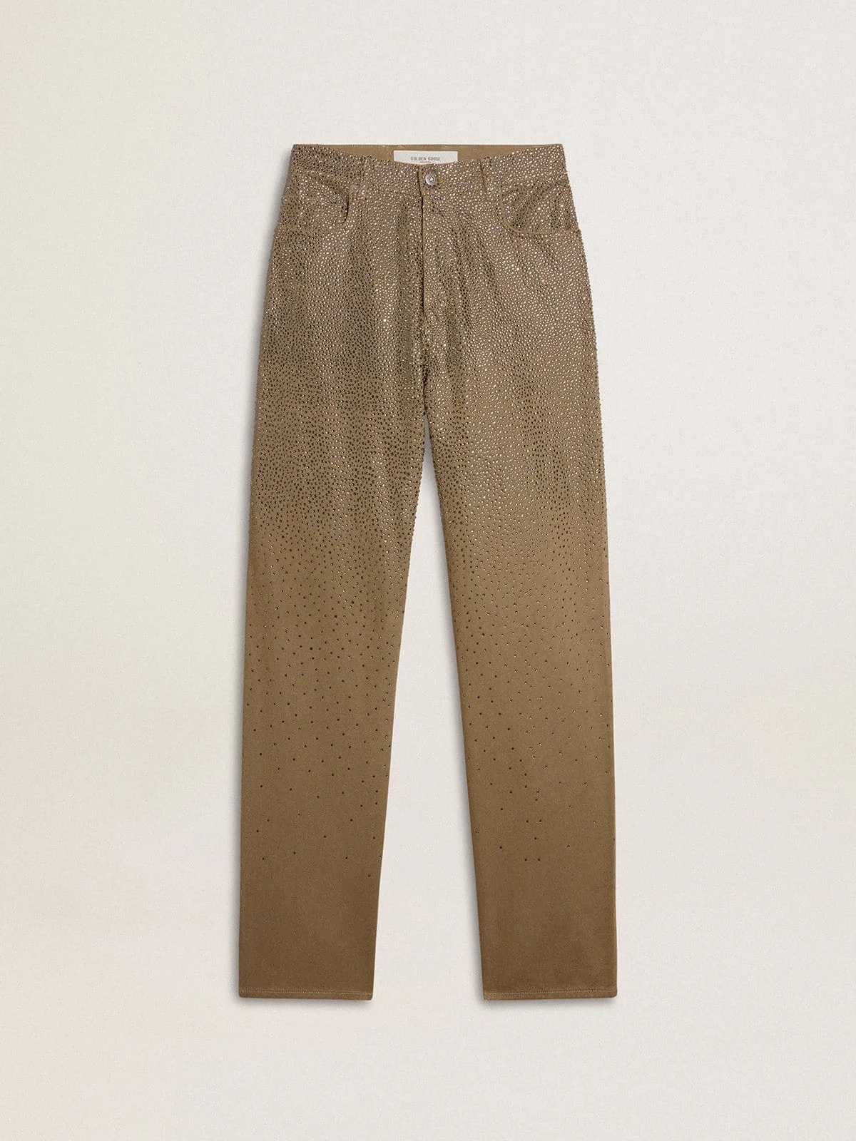 Women's khaki cotton pants with gradient Swarovski effect - 1