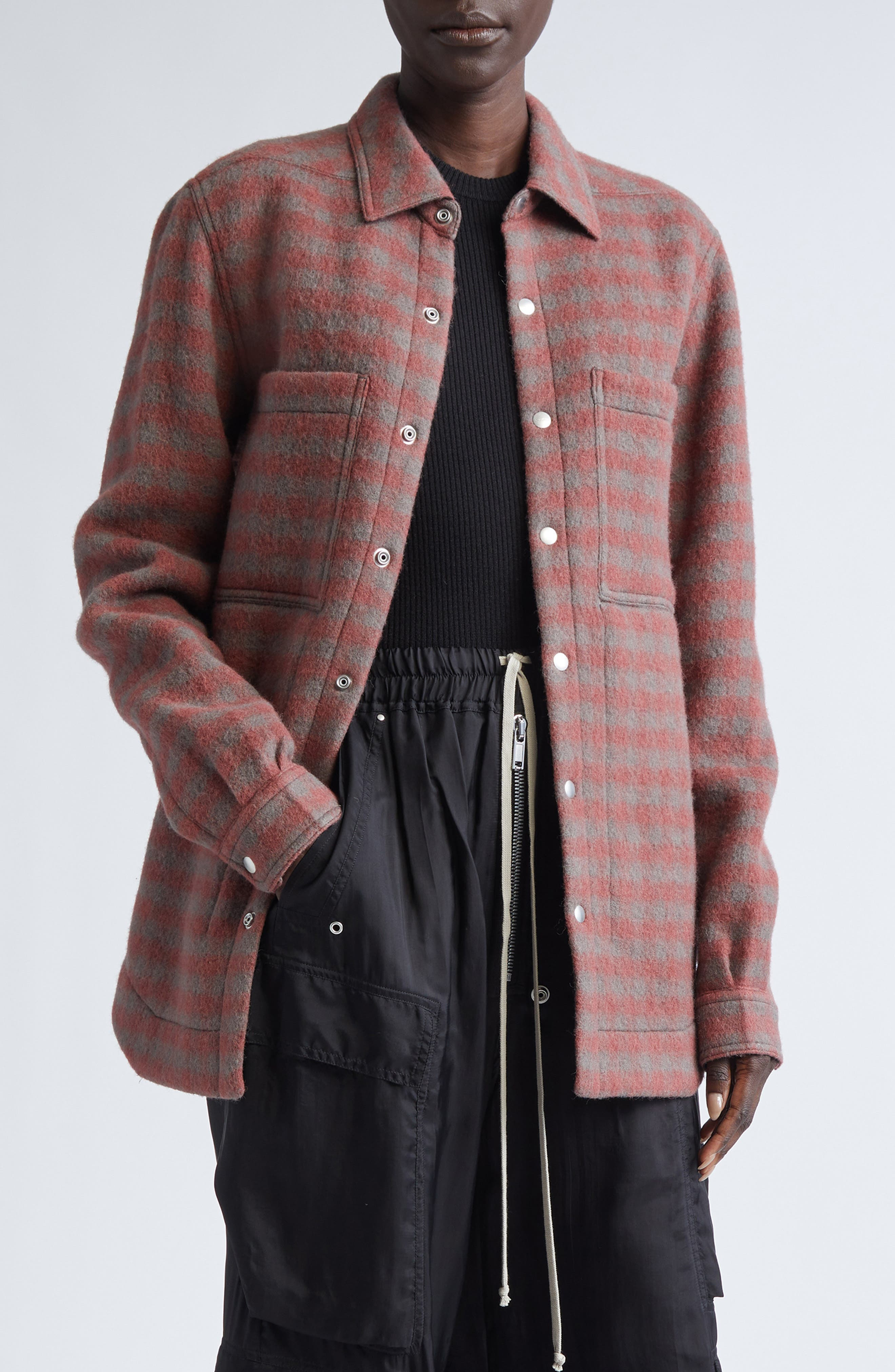 Rick Owens Check Virgin Wool Overshirt in Rosewood Plaid at Nordstrom - 1