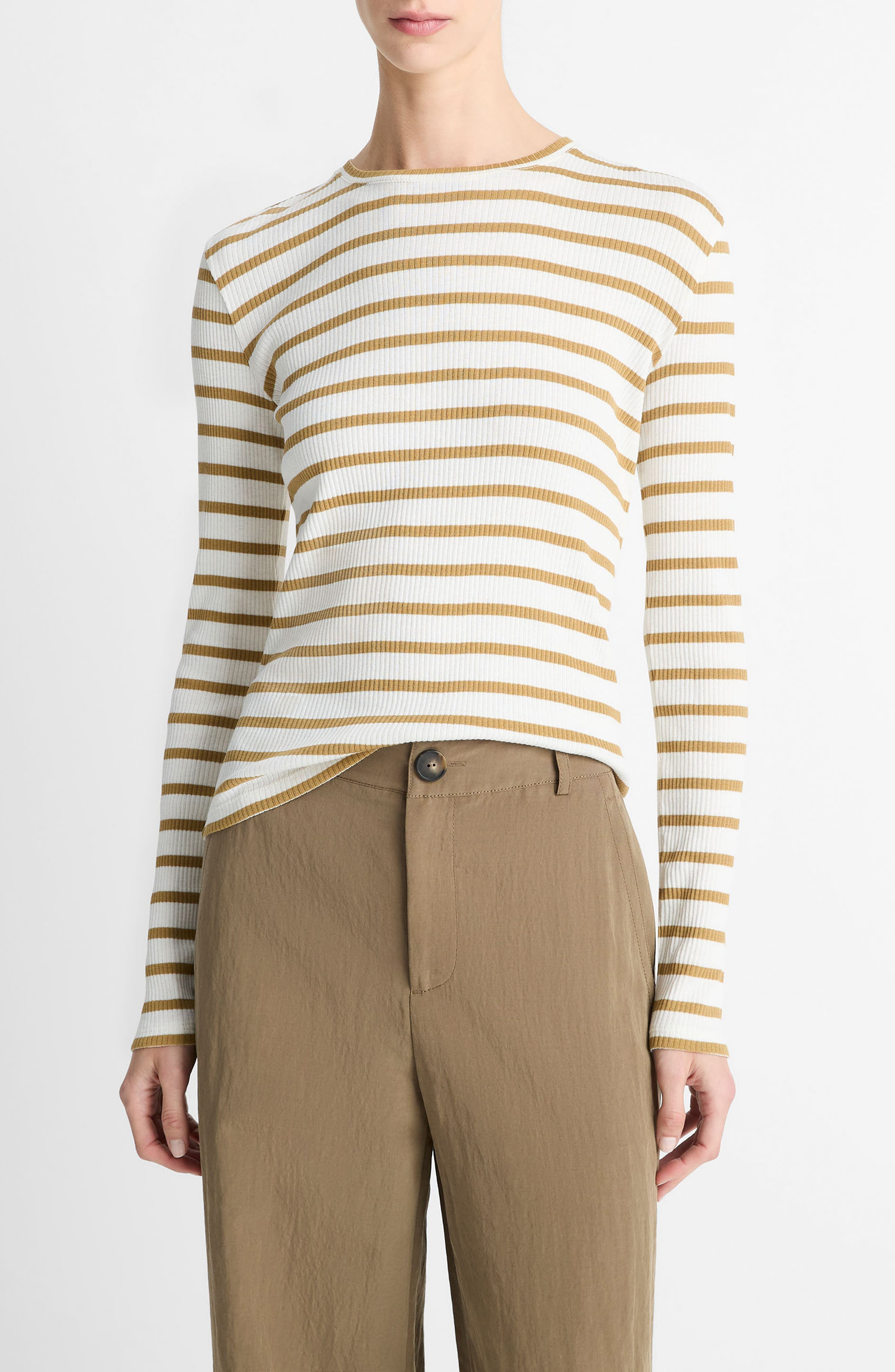 Vince Stripe Rib Pima Cotton Top in Sand Sage Combo at Nordstrom - 1