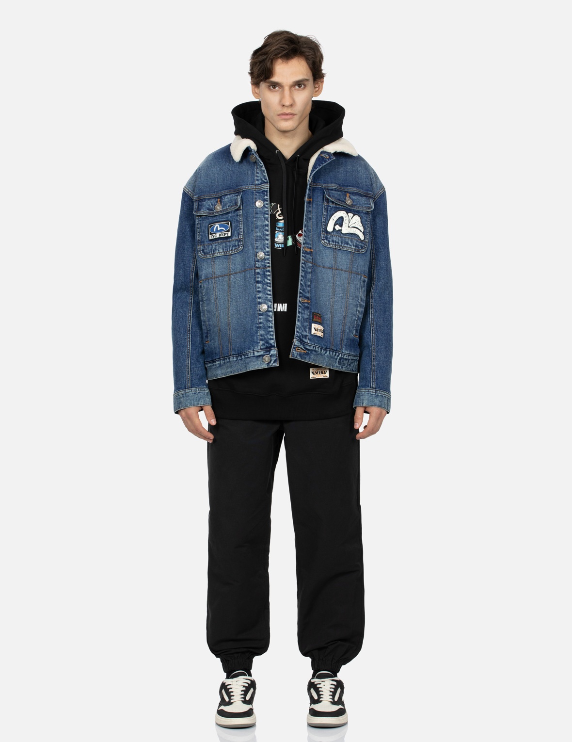 PEEPING GODHEAD AND OIL DRUM PRINT LOOSE FIT SHERPA DENIM JACKET - 6