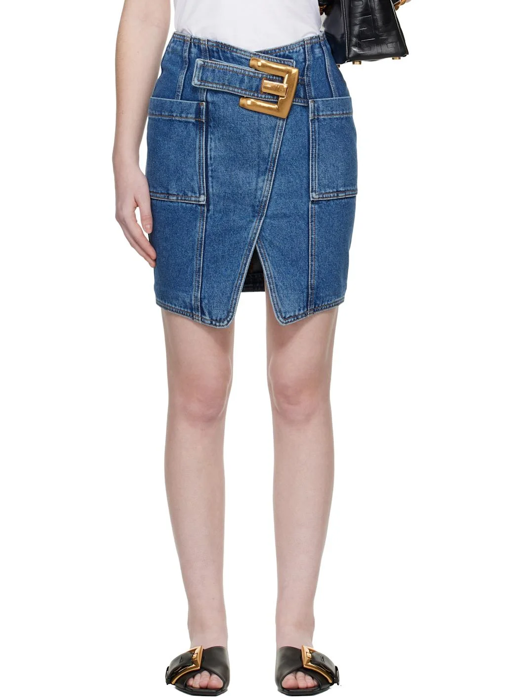 Blue Short Denim Belt Midi Skirt - 1