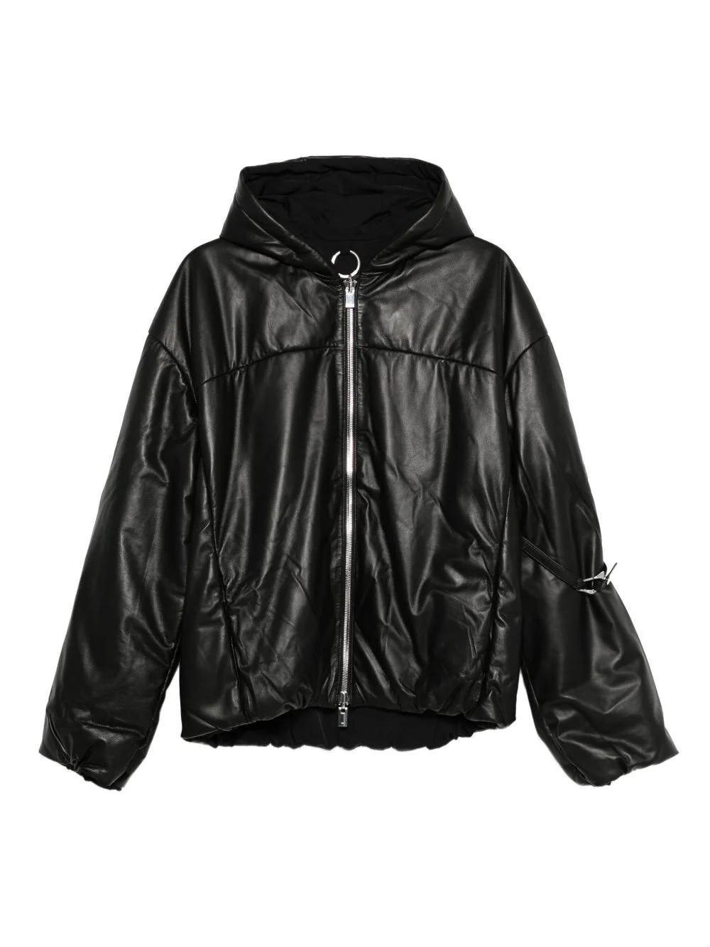 hooded puffer leather coat - 1