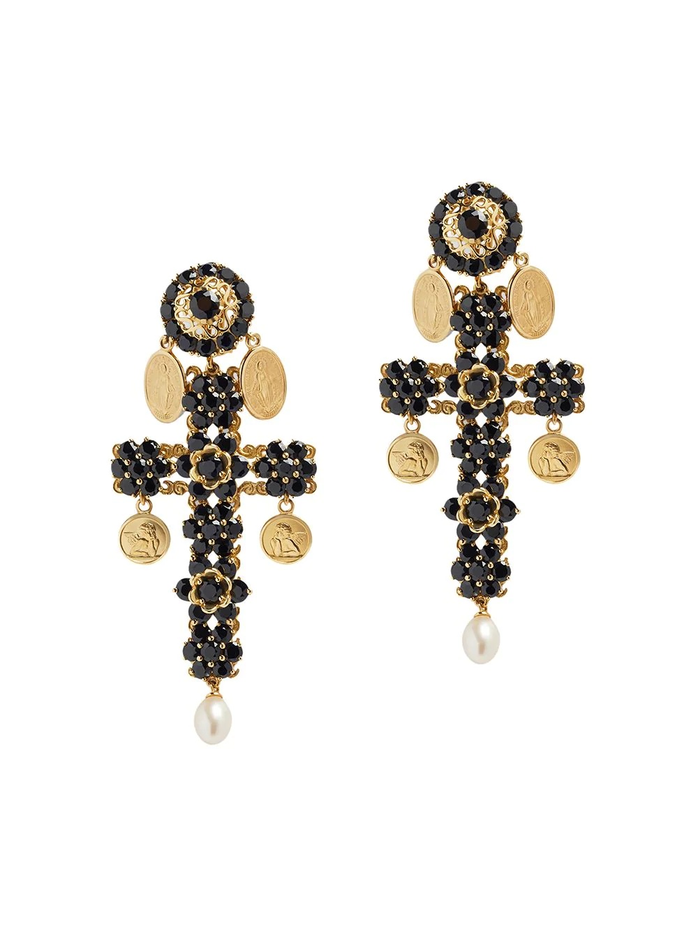 18kt yellow gold cross black sapphires and pearl clip-on earrings - 1