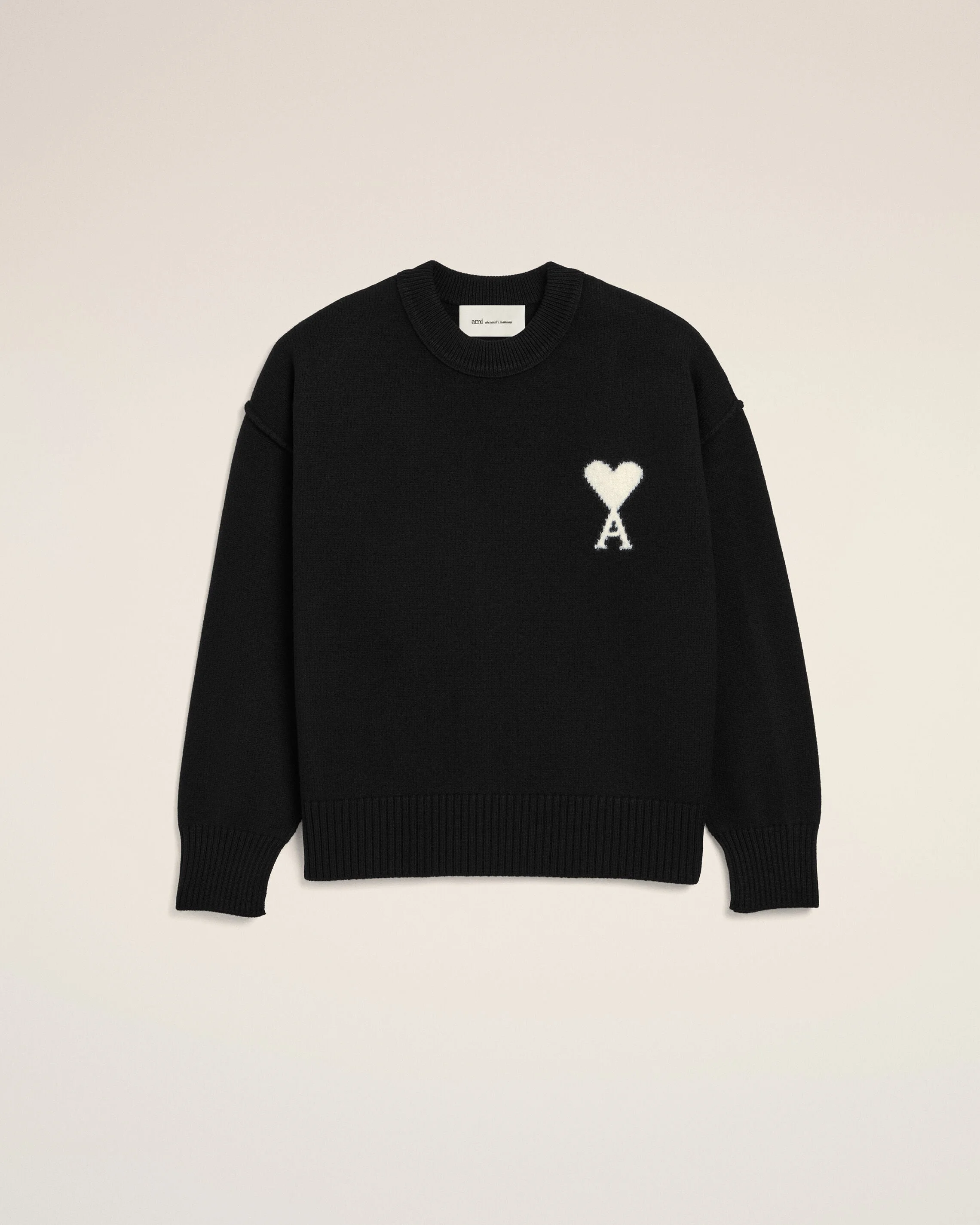 BLACK CREWNECK WOOL SWEATER WITH AMI DE COEUR - 1