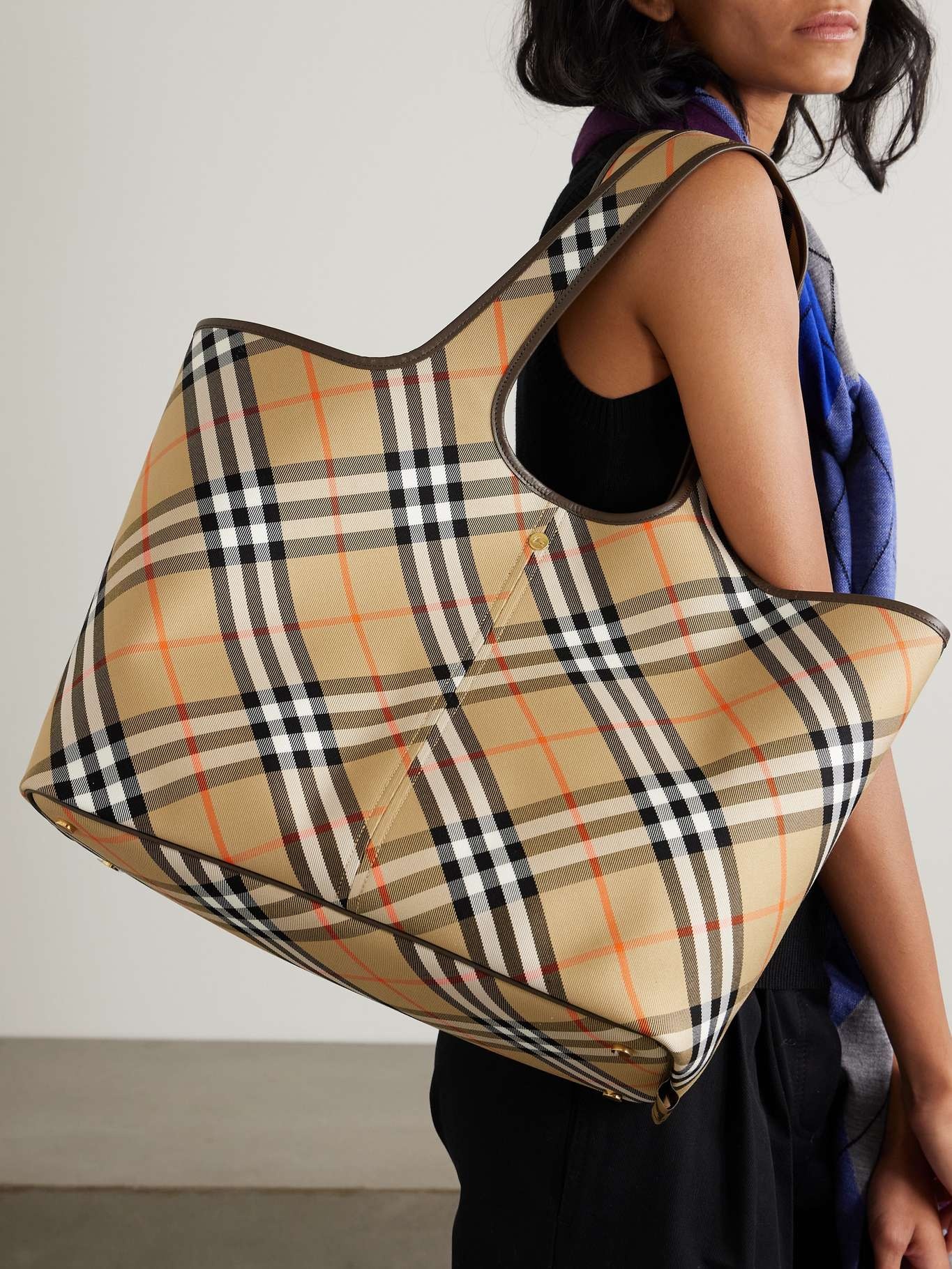 Leather-trimmed checked cotton-canvas tote - 2