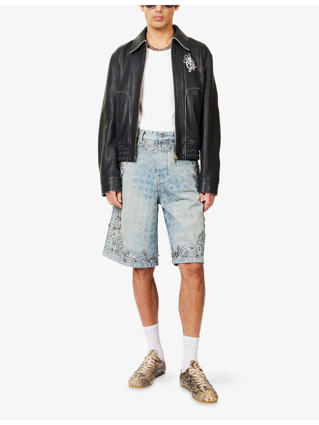 Graphic-Pattern Embellished Denim Shorts - 2