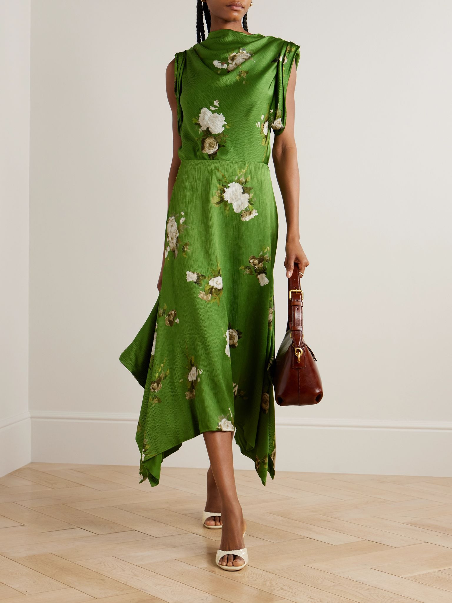 Draped floral-print crepon midi skirt Green - 2
