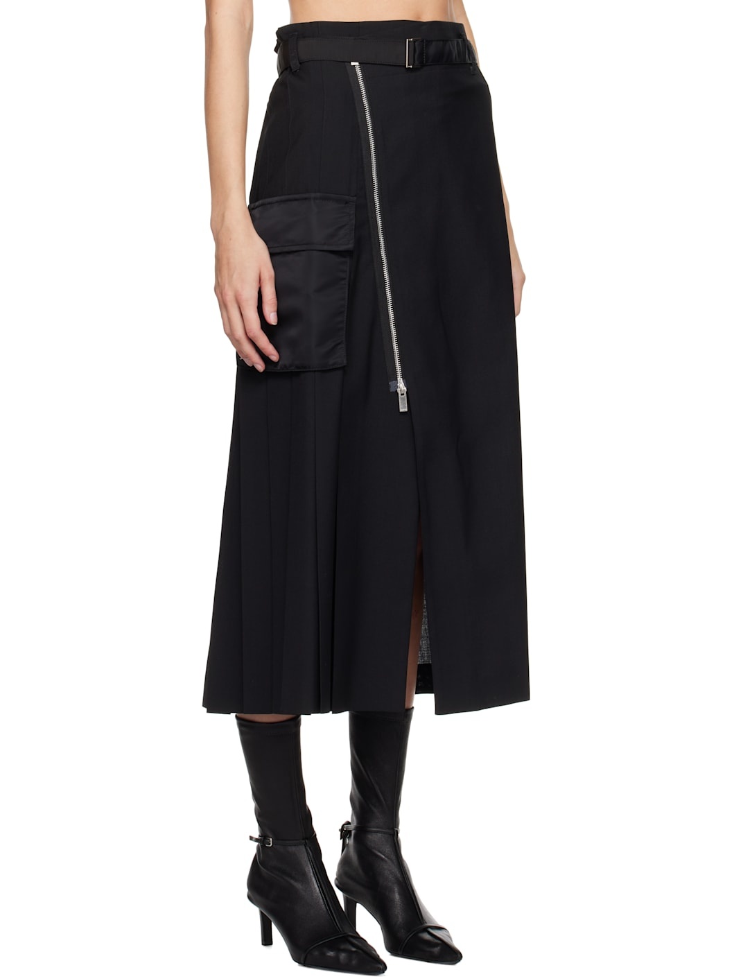 Black Suiting & Nylon Twill Midi Skirt - 2