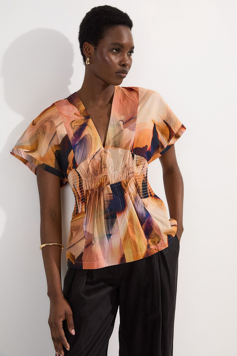 Shirred Cotton Printed Woven Plunge Neck Short Sleeve Top 5