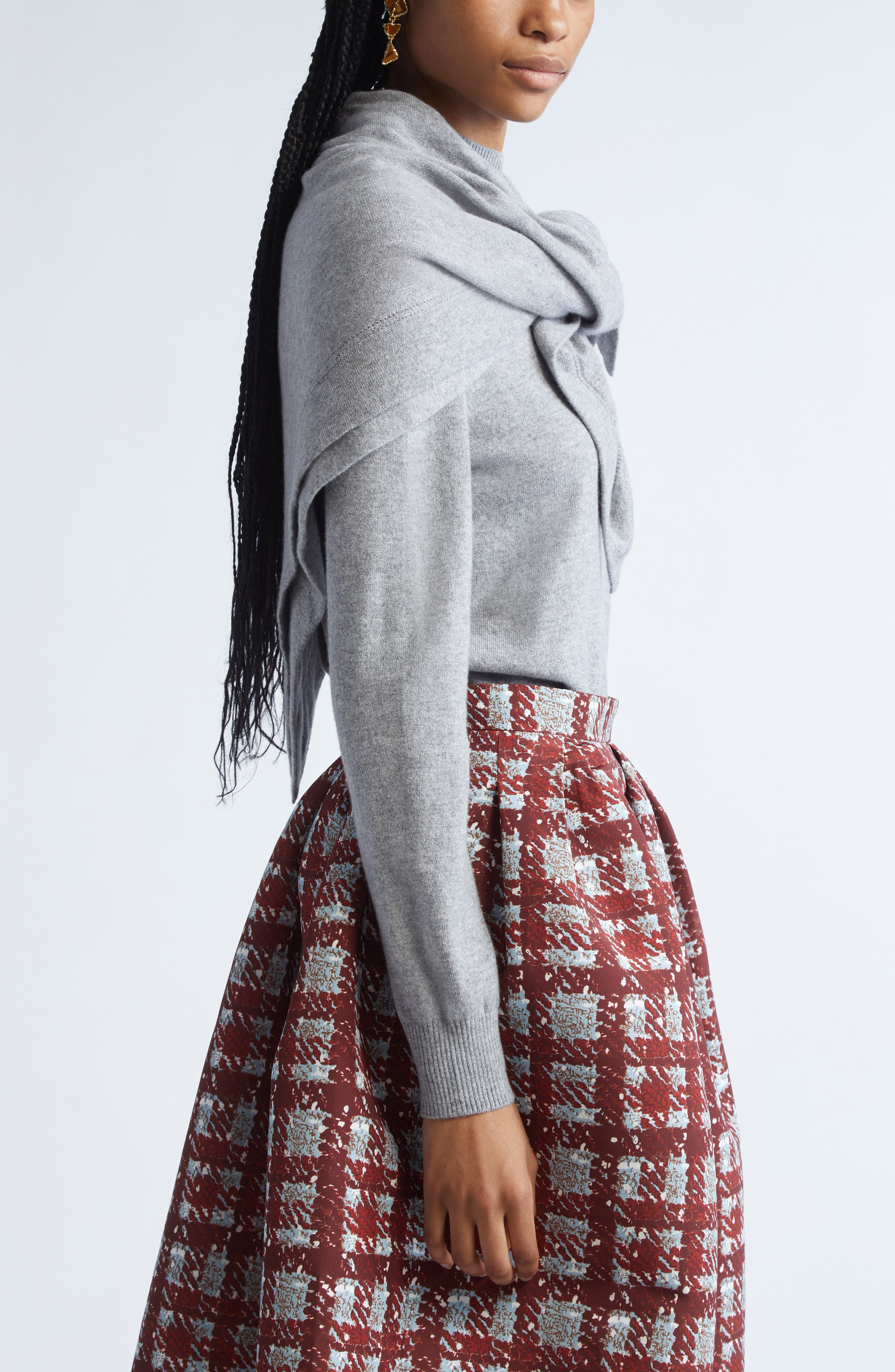 Oscar de la Renta Cashmere Sweater with Removable Scarf in Melange Grey at Nordstrom - 5