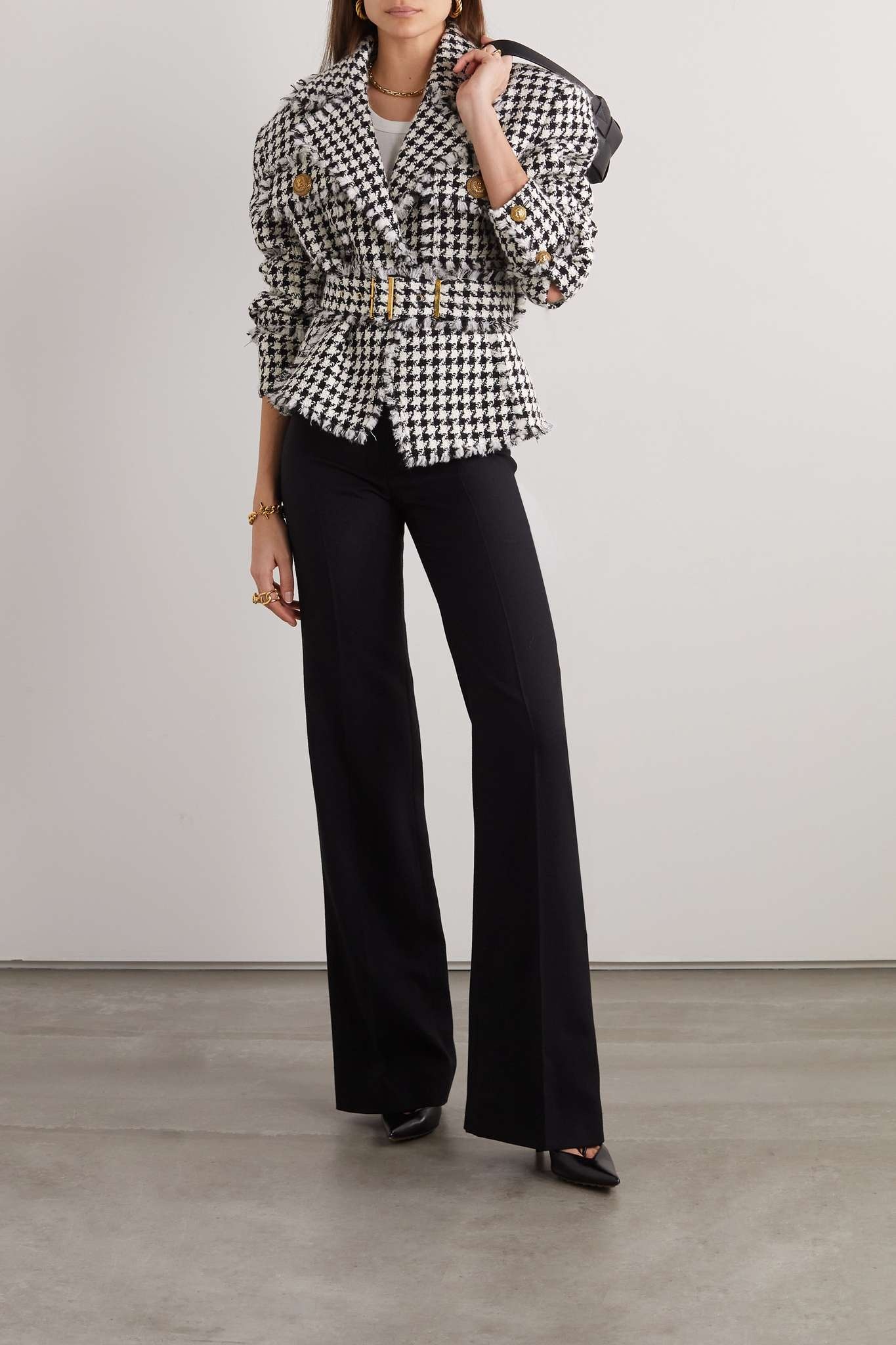 Belted frayed houndstooth cotton-blend tweed overshirt - 3