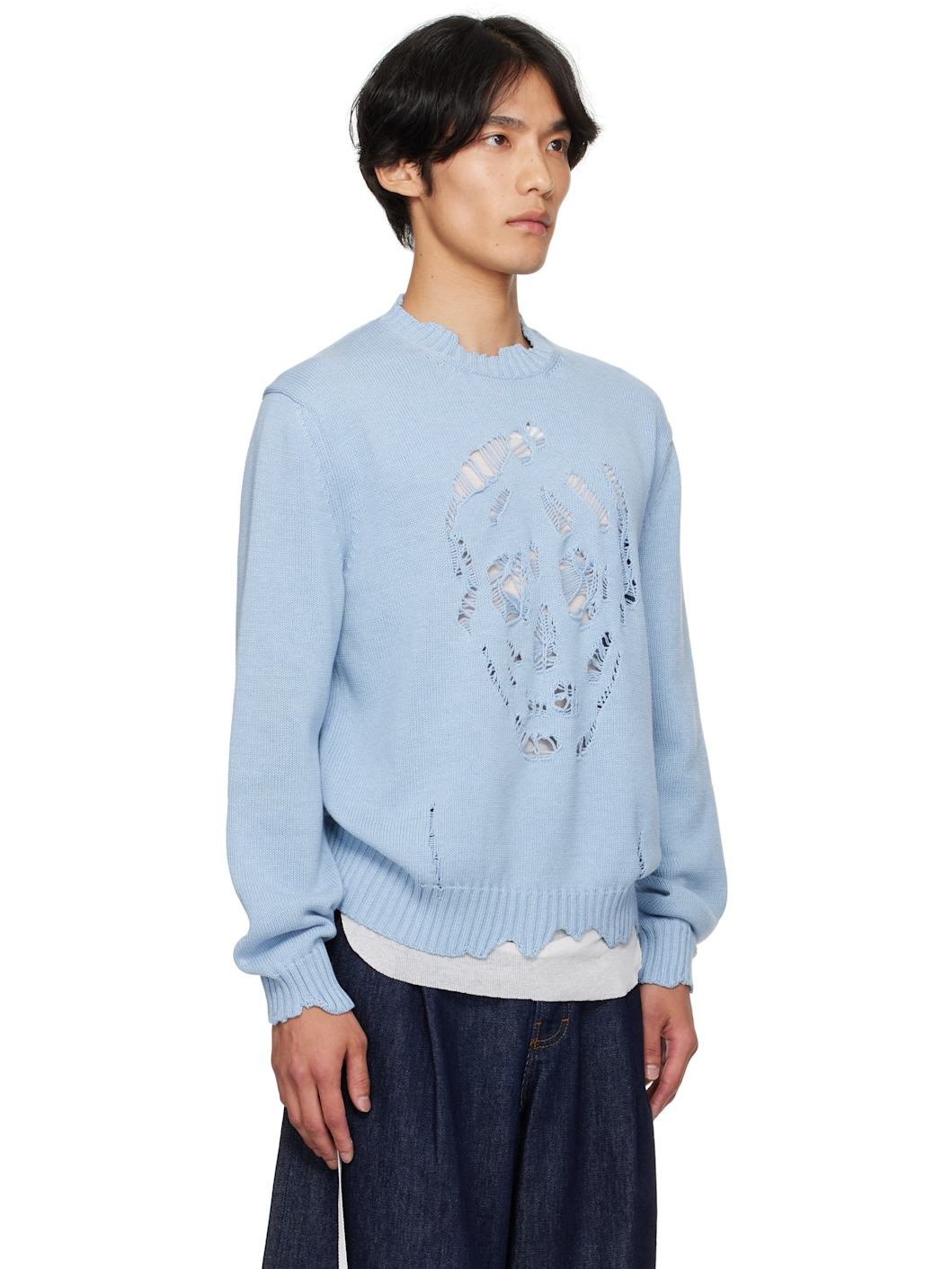 Blue Distressed Skull Sweater - 2