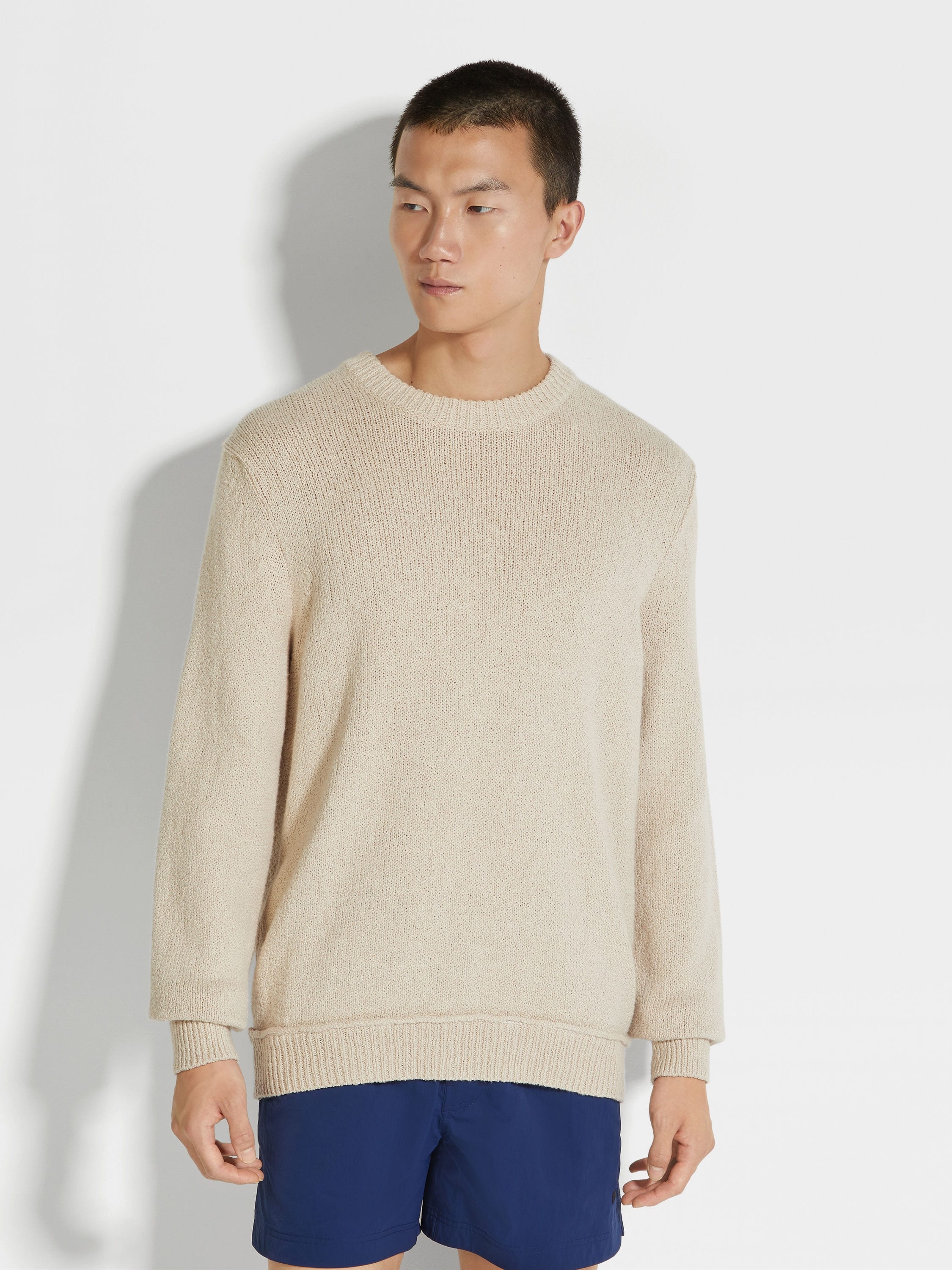 LIGHT BEIGE COTTON AND SILK CREWNECK - 4