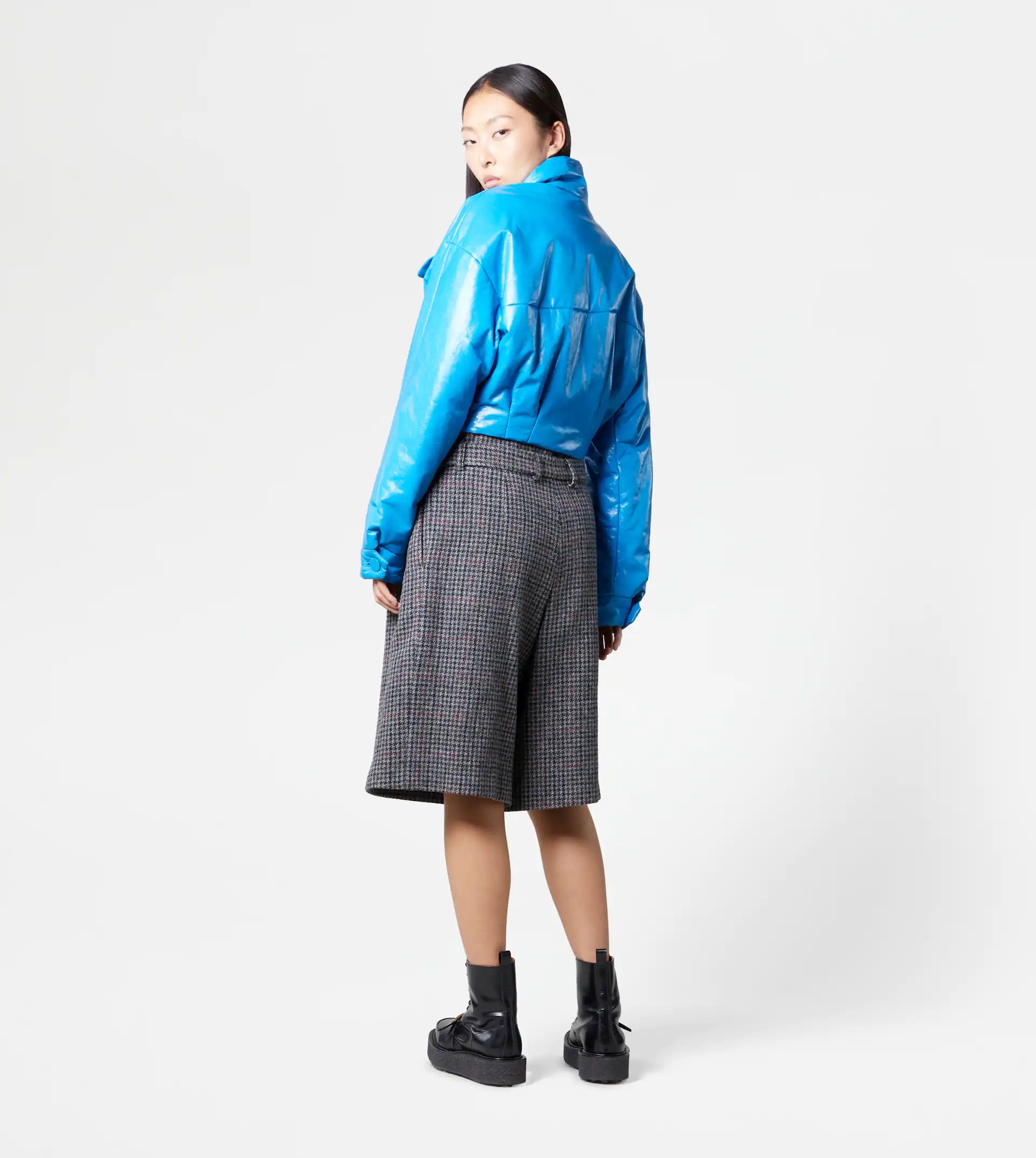 CROPPED PADDED LEATHER JACKET - BLUE - 3