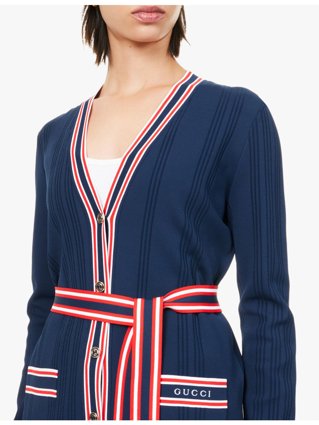 Brand-embroidered tie-belt woven-blend cardigan - 5