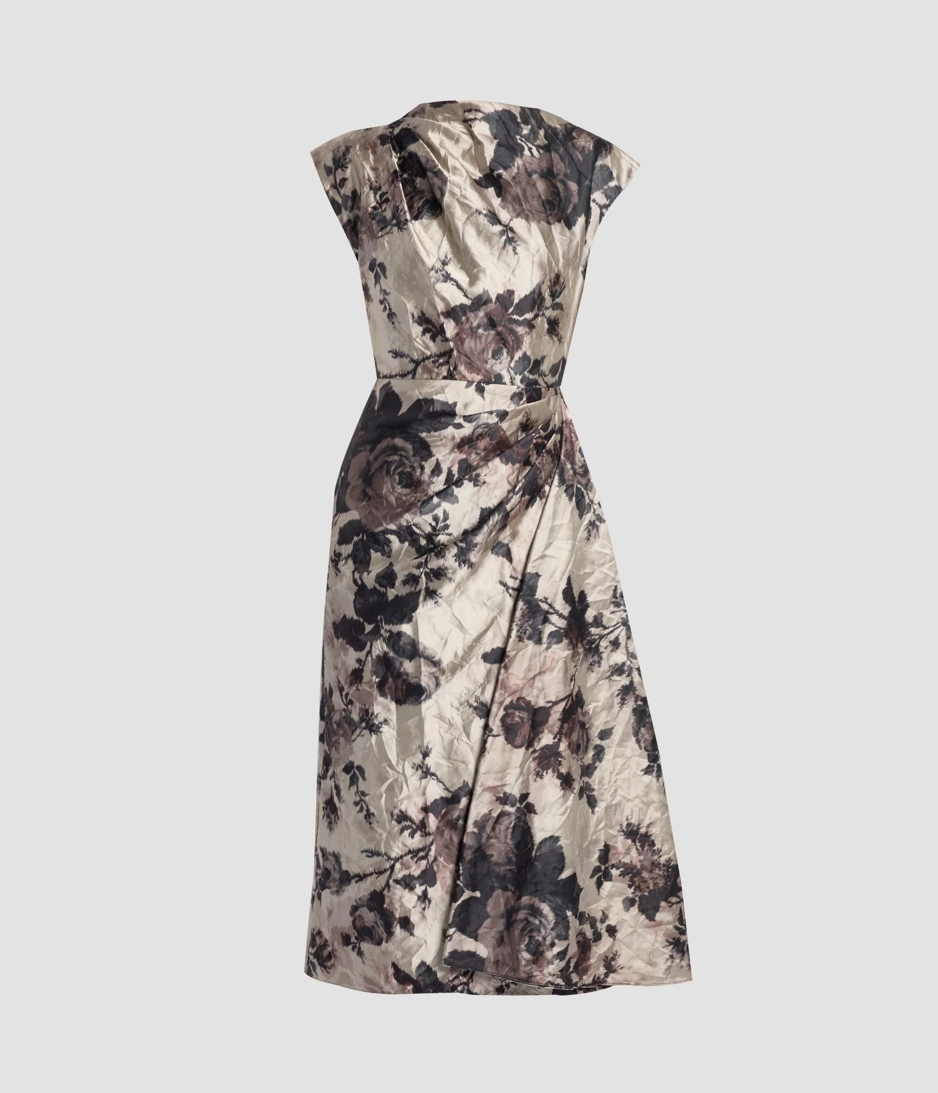 FLORAL TEXTURED SATIN DRAPED MIDI DRESS - 1