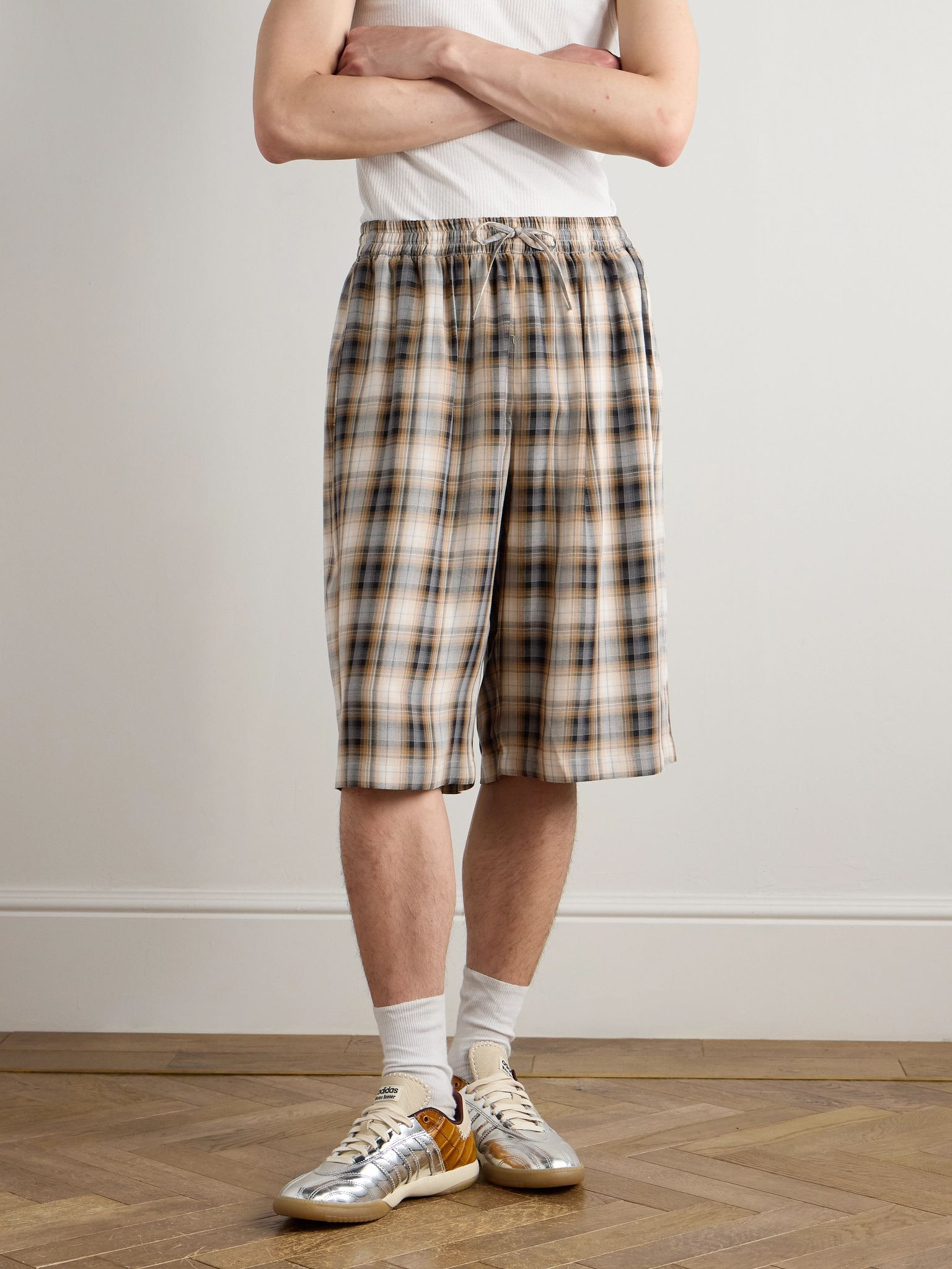 Straight-Leg Checked Twill Drawstring Shorts Beige - 3