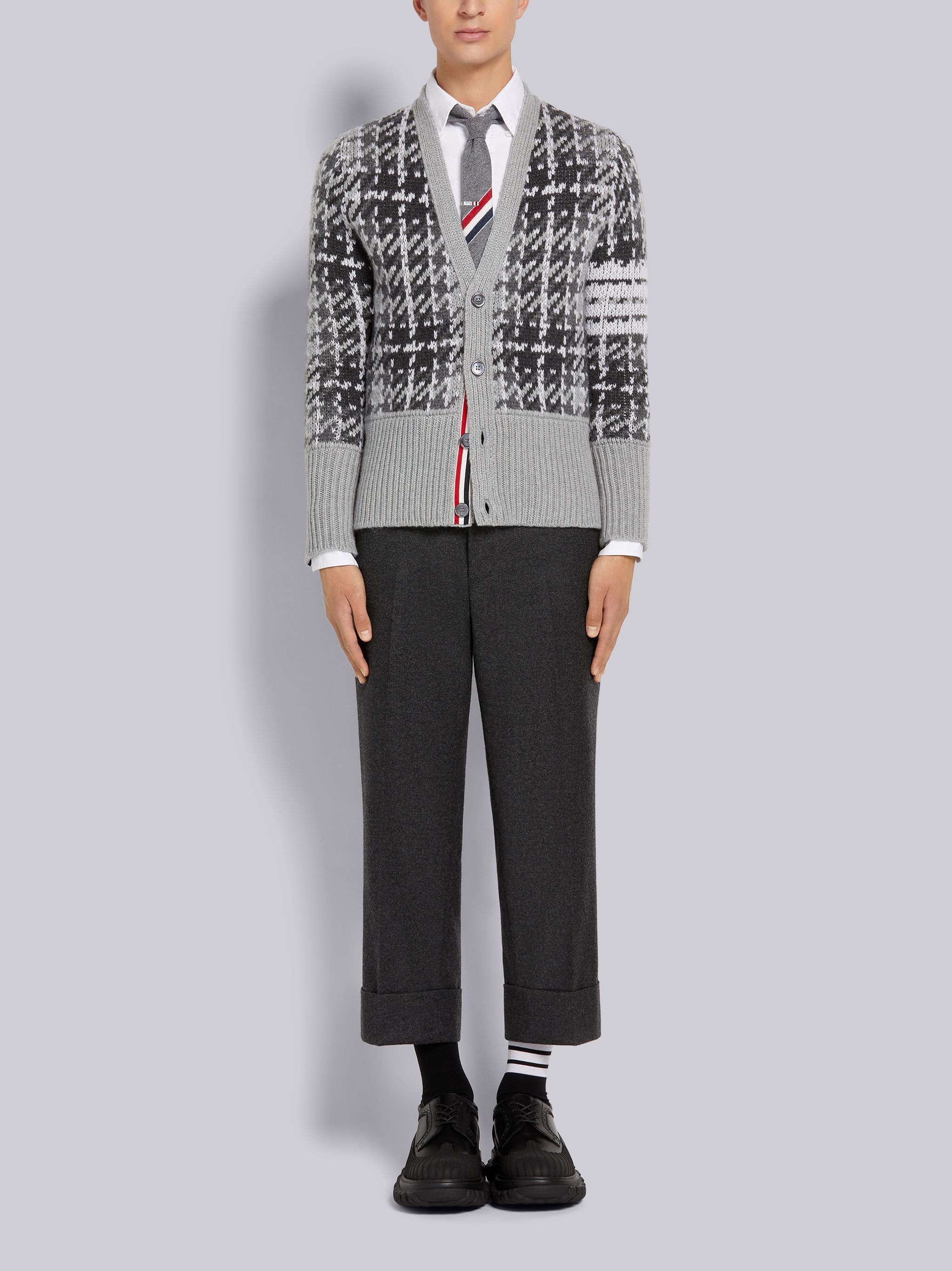 Tonal Grey Windowpane Check Jacquard Cashmere 4-Bar Stripe Classic V-Neck Cardigan - 4