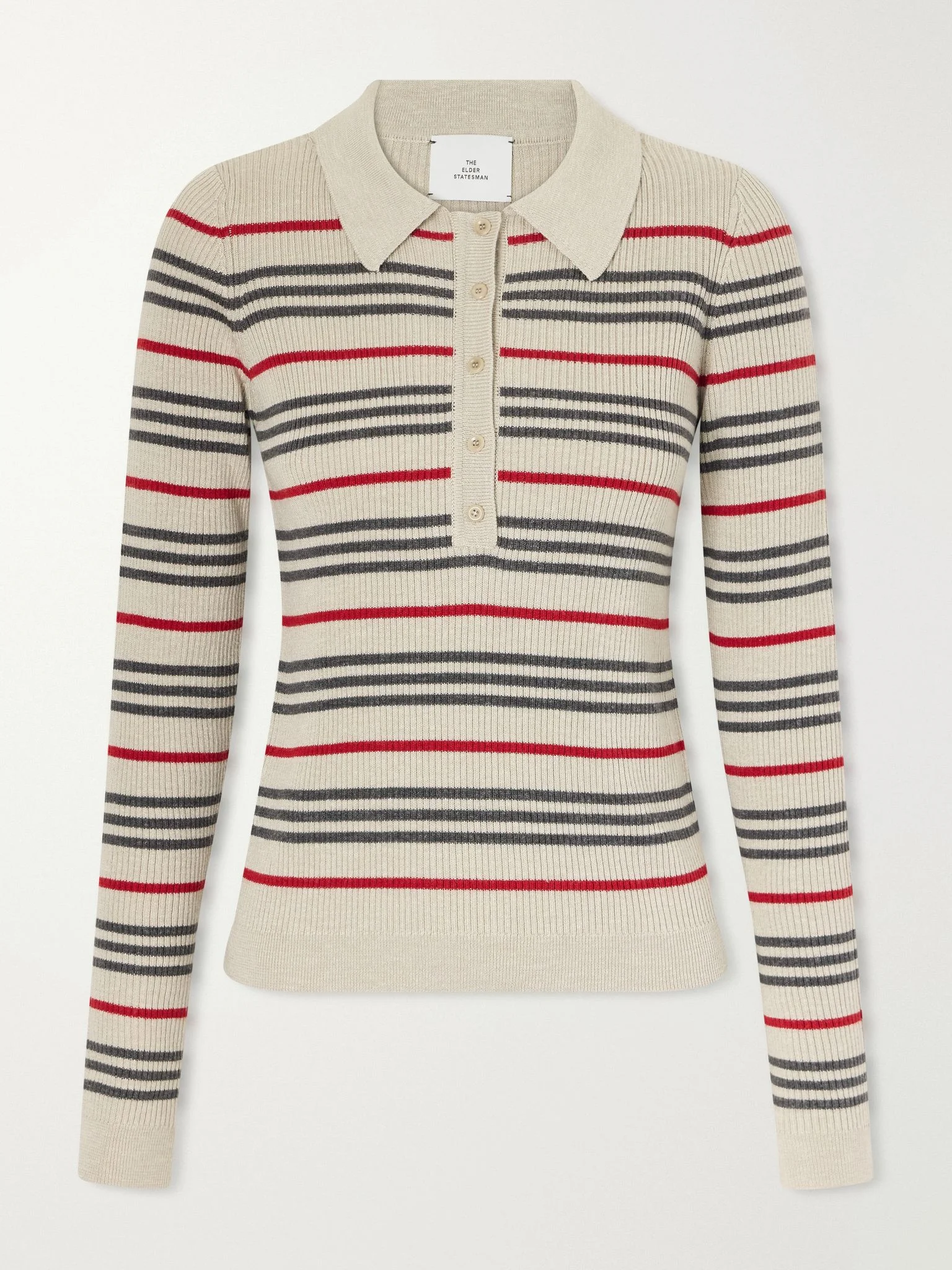 Libeccio stripped wool, silk and linen-blend knitted polo Beige - 1