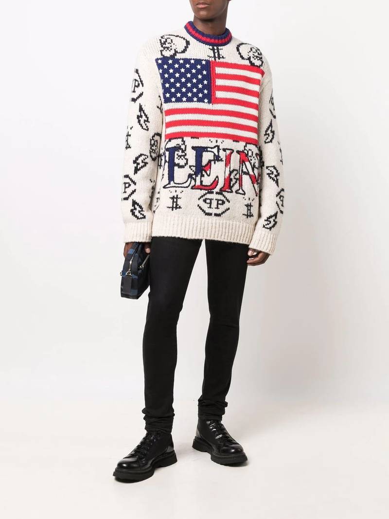 PHILIPP PLEIN USA Flag-print crew neck jumper outlook