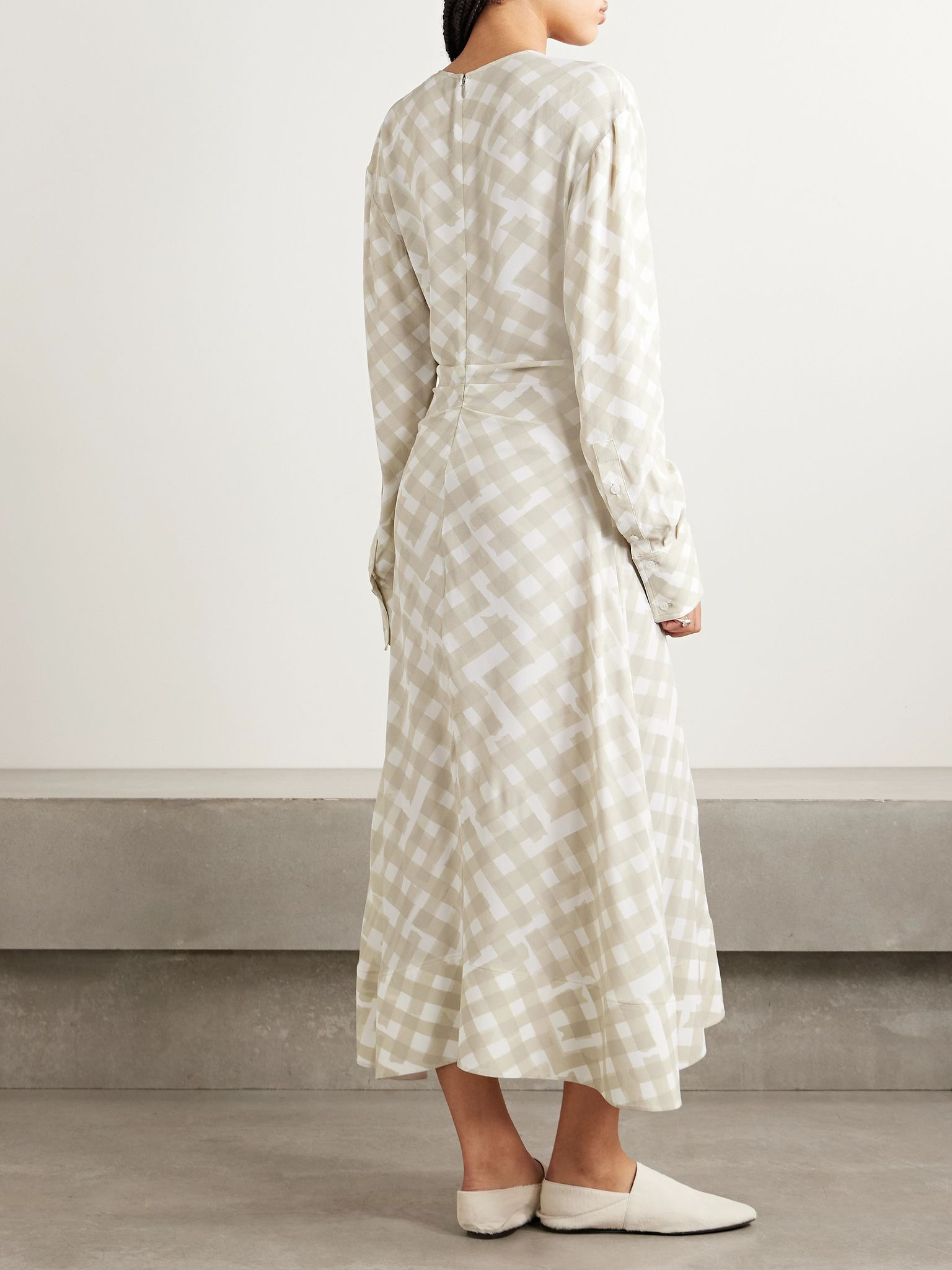 Keria gathered checked crepe de chine midi dress Off-white - 3