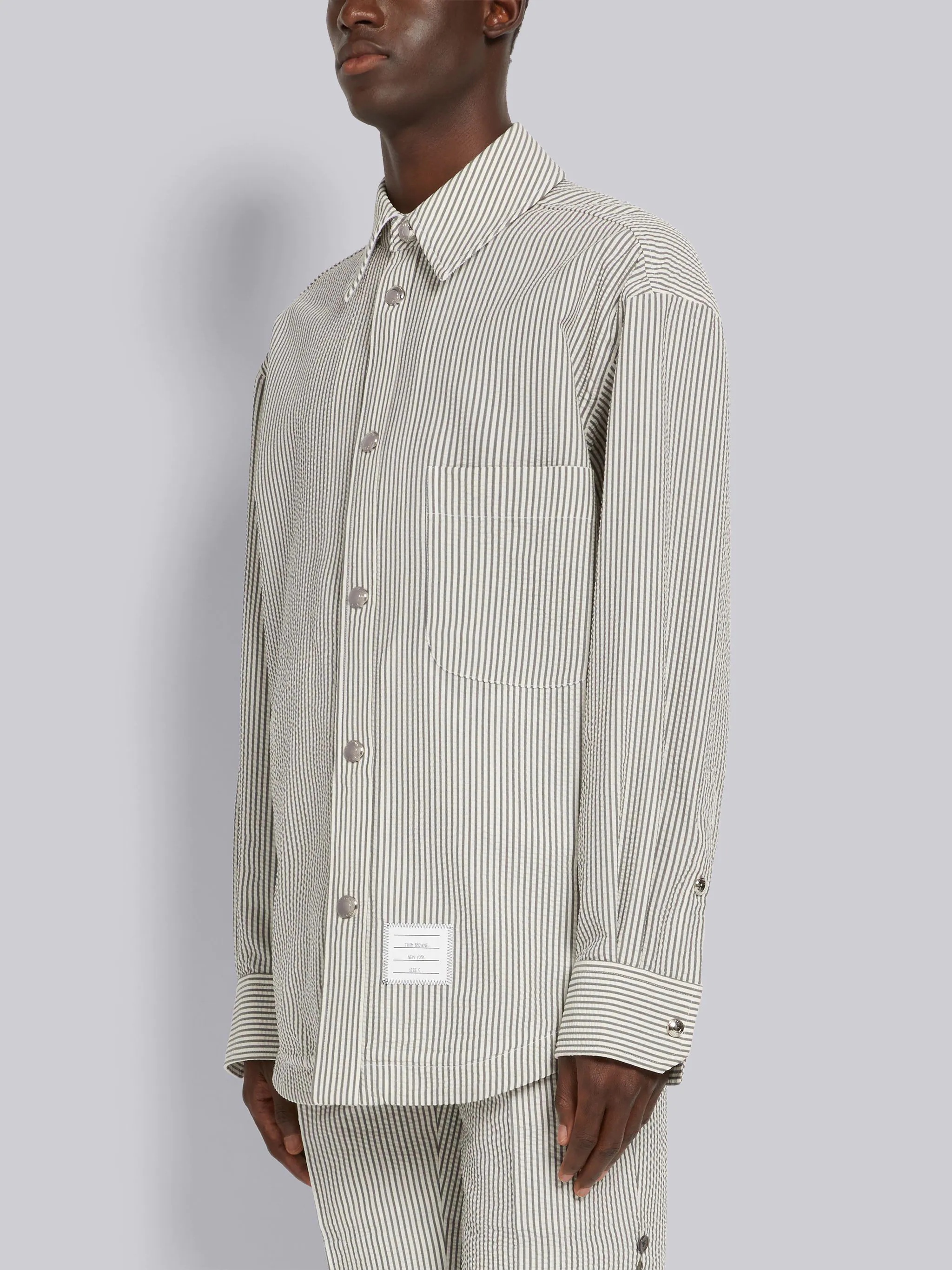 Medium Grey Wool Seersucker Stripe Grosgrain Placket Oversized Shirt Jacket - 2