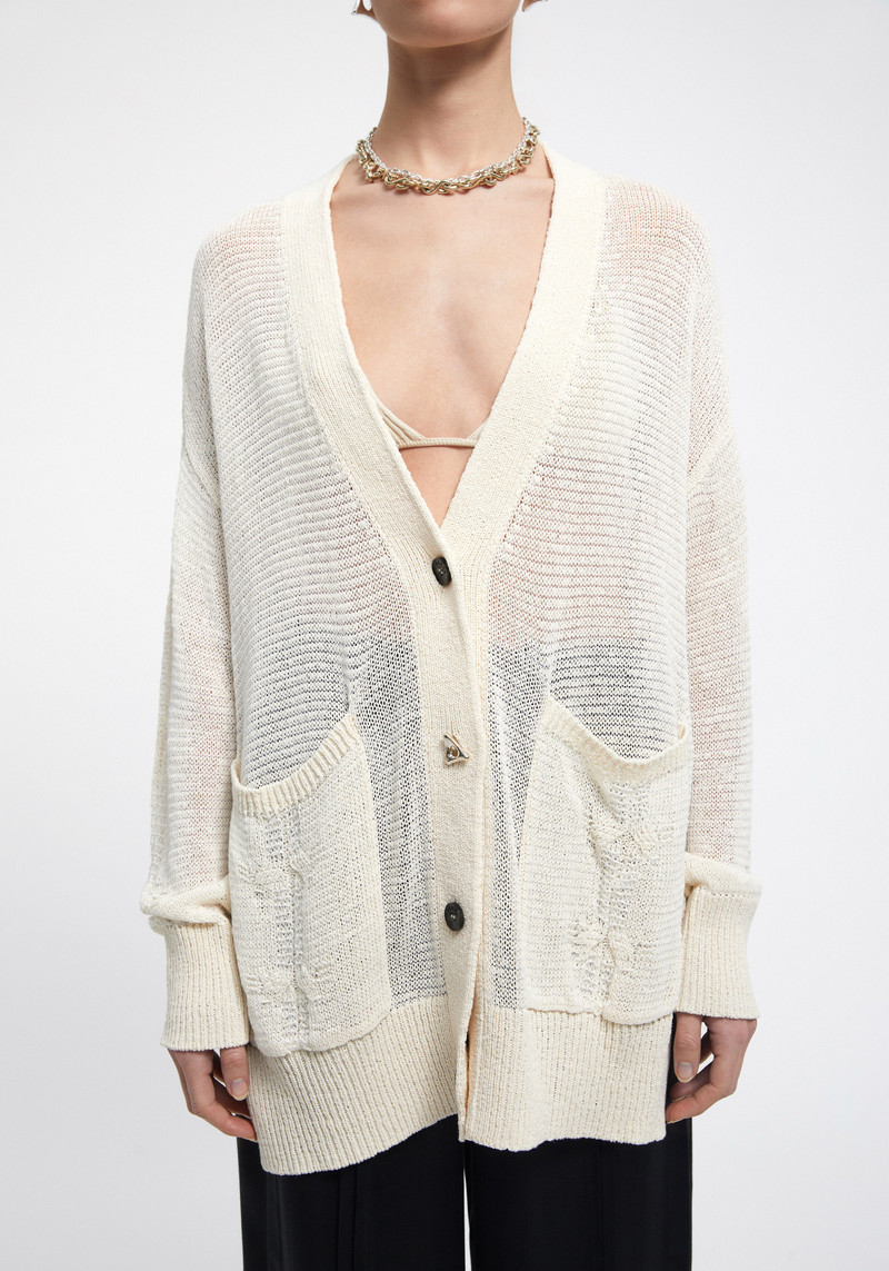 AERON EVANS
Elongated cable knit cardigan outlook