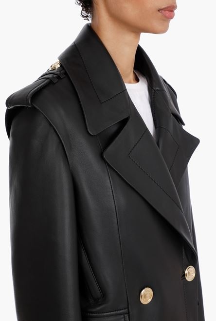 Black leather pea coat with gold-tone buttons - 10