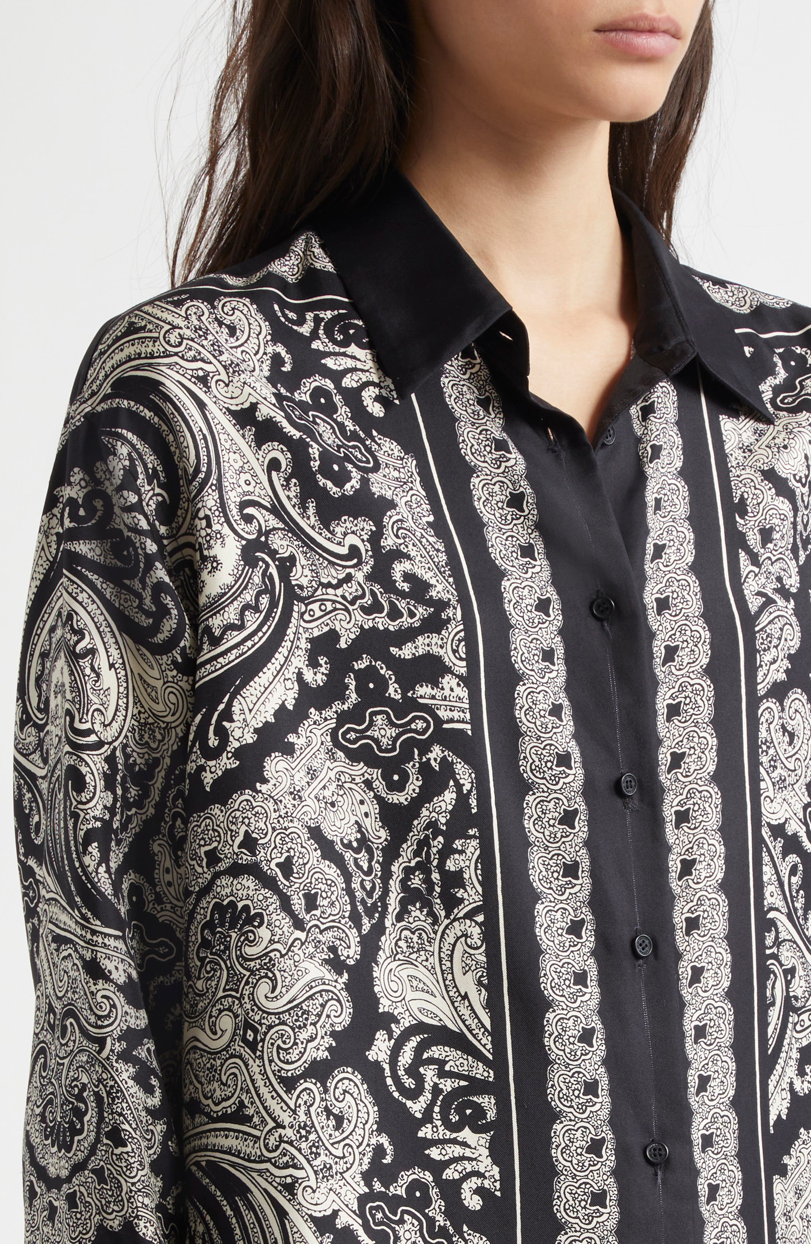 Nili Lotan Alfie Print Silk Shirt in Black/Ivory Paisley Scarf at Nordstrom - 5
