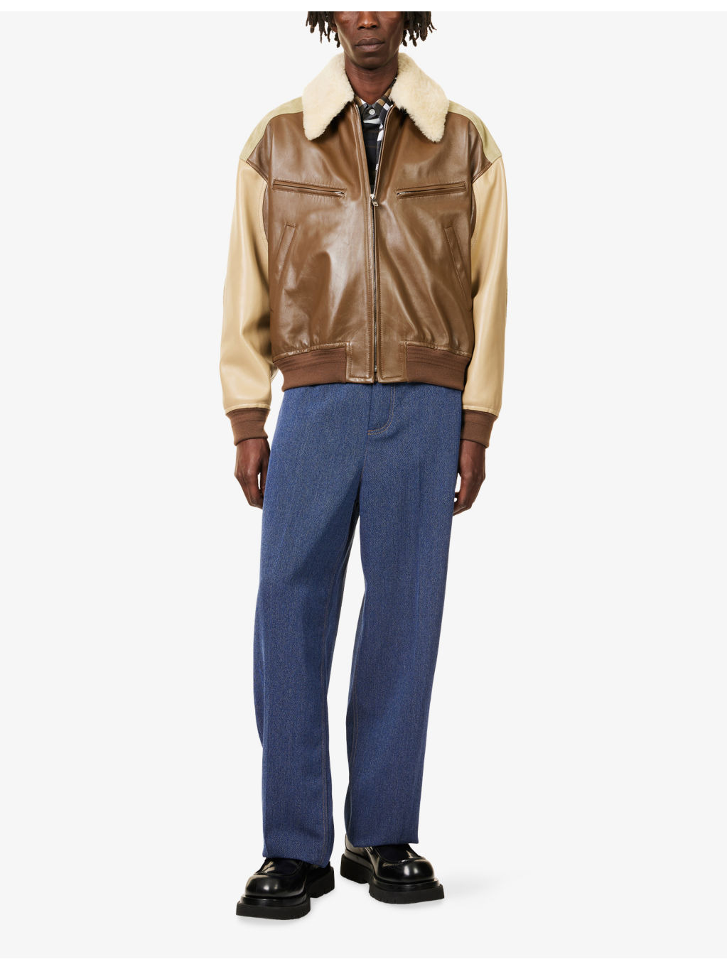 Suede-Panels Fur-Collar Leather Jacket - 2
