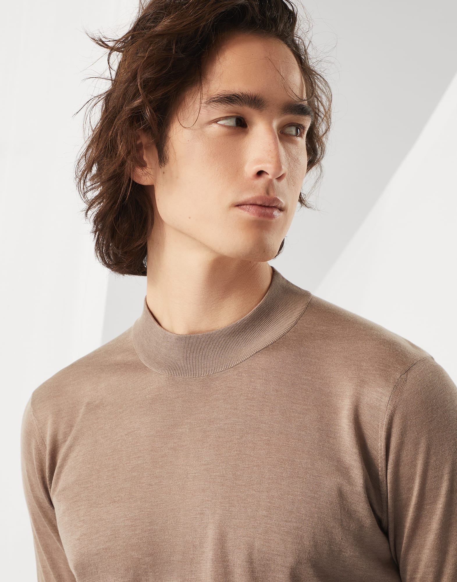 Extra-light silk and cotton knit T-shirt with mock neck - 3