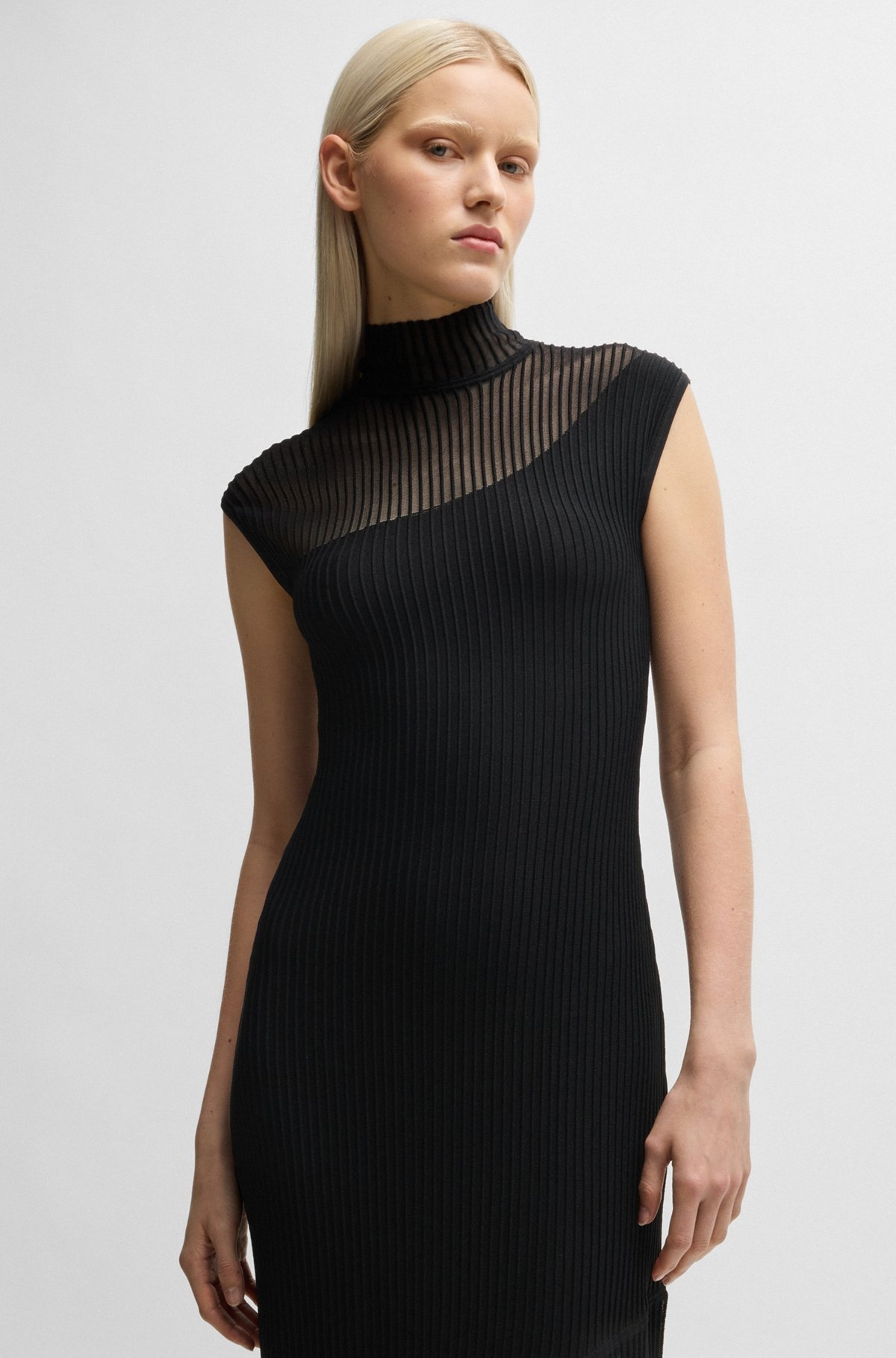 MOCK-NECK RIBBED CREPE MIDI DRESS WITH SHEER SECTIONS - 6