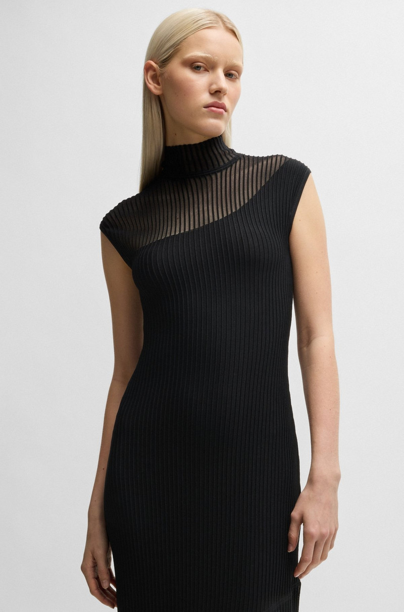 MOCK-NECK RIBBED CREPE MIDI DRESS WITH SHEER SECTIONS 6
