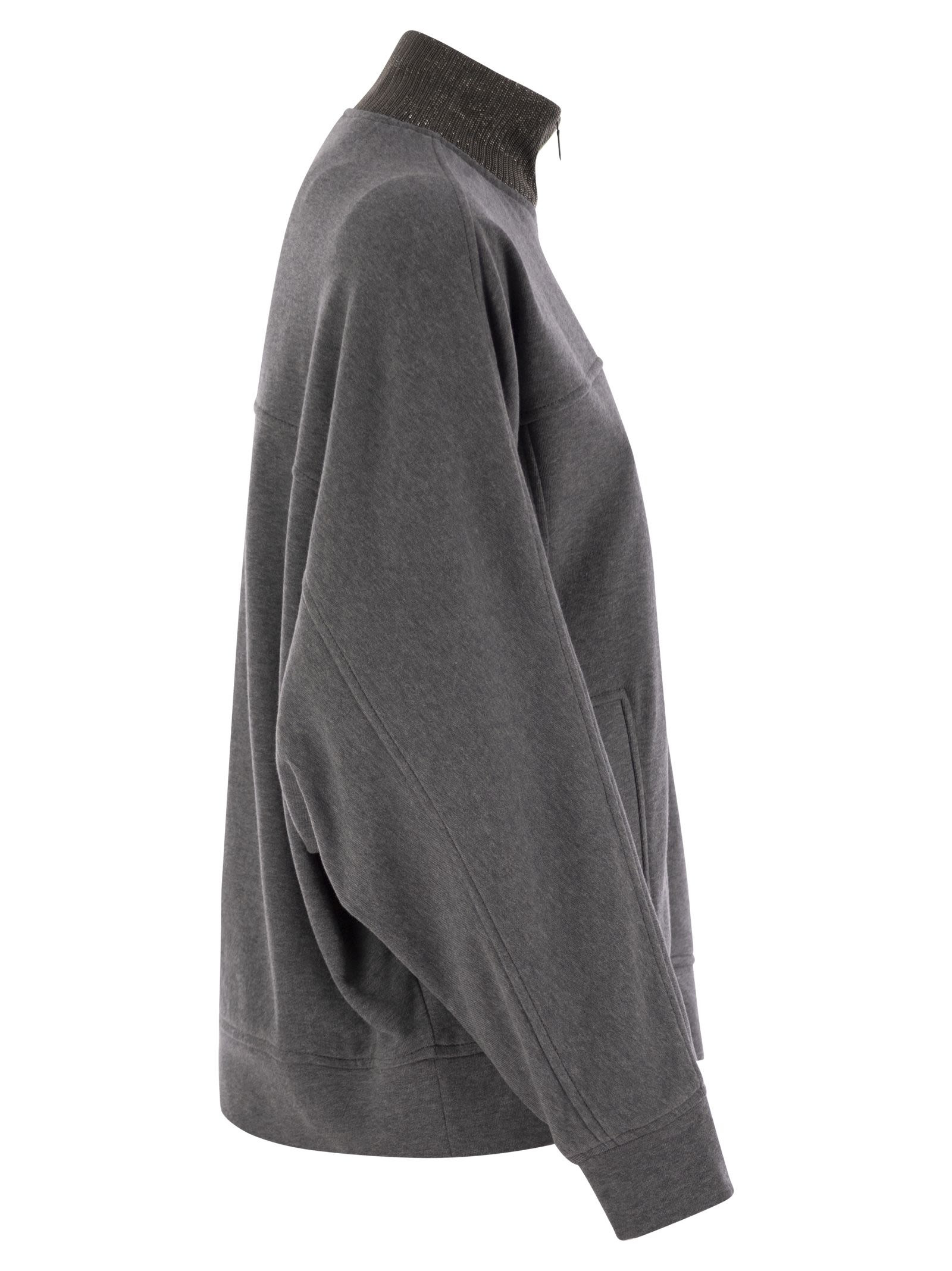 Brunello Cucinelli Women Smooth Cotton Fleece Topwear With Ribbed Collar Precious - 3