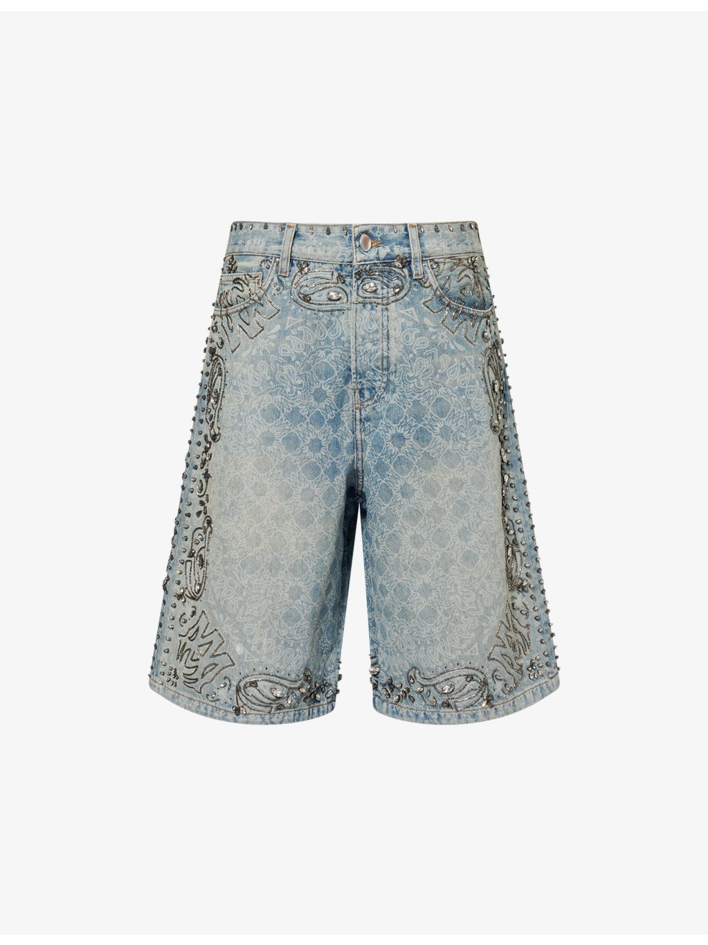 Graphic-Pattern Embellished Denim Shorts - 1