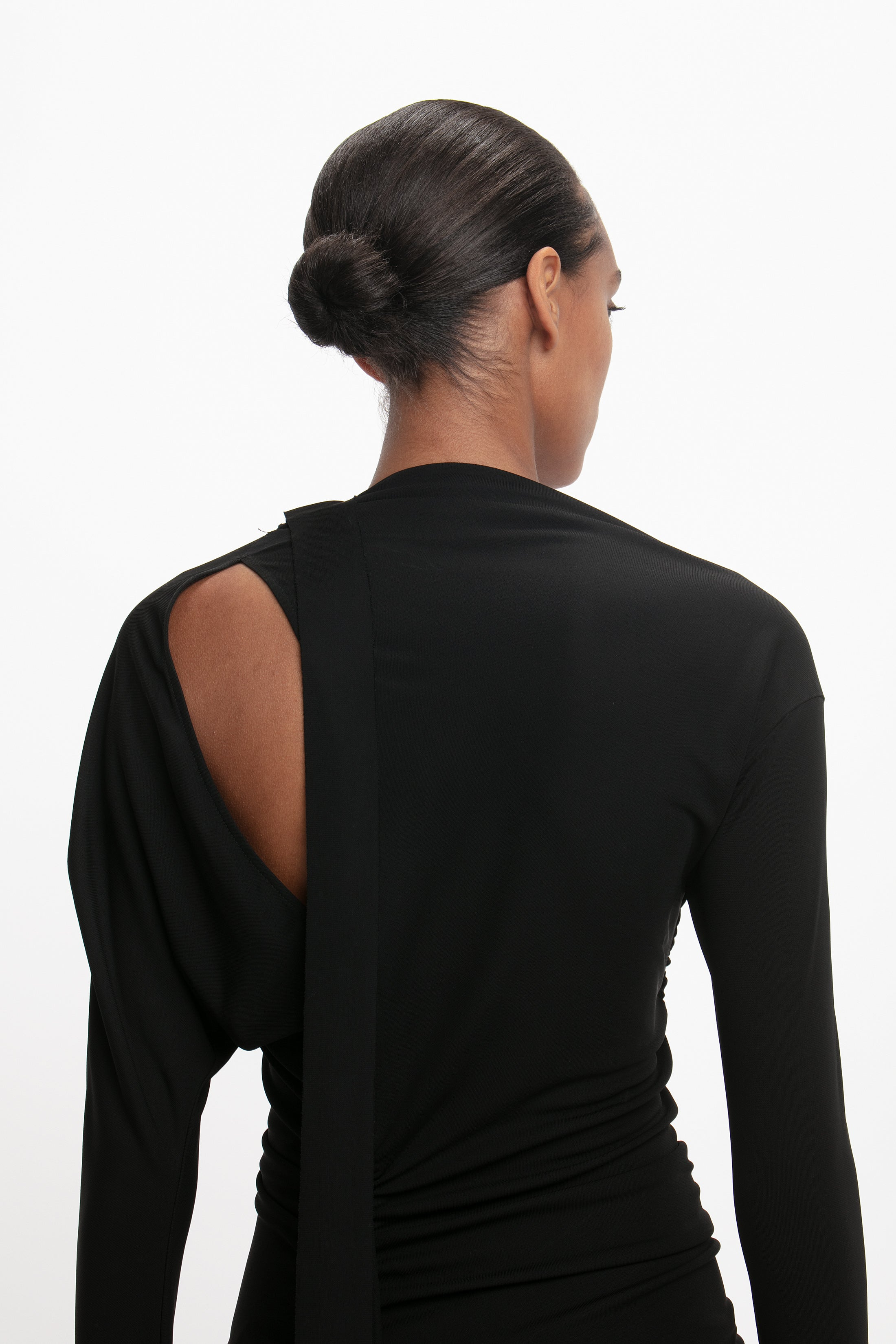 Slash-Neck Ruched Midi Dress In Black - 6