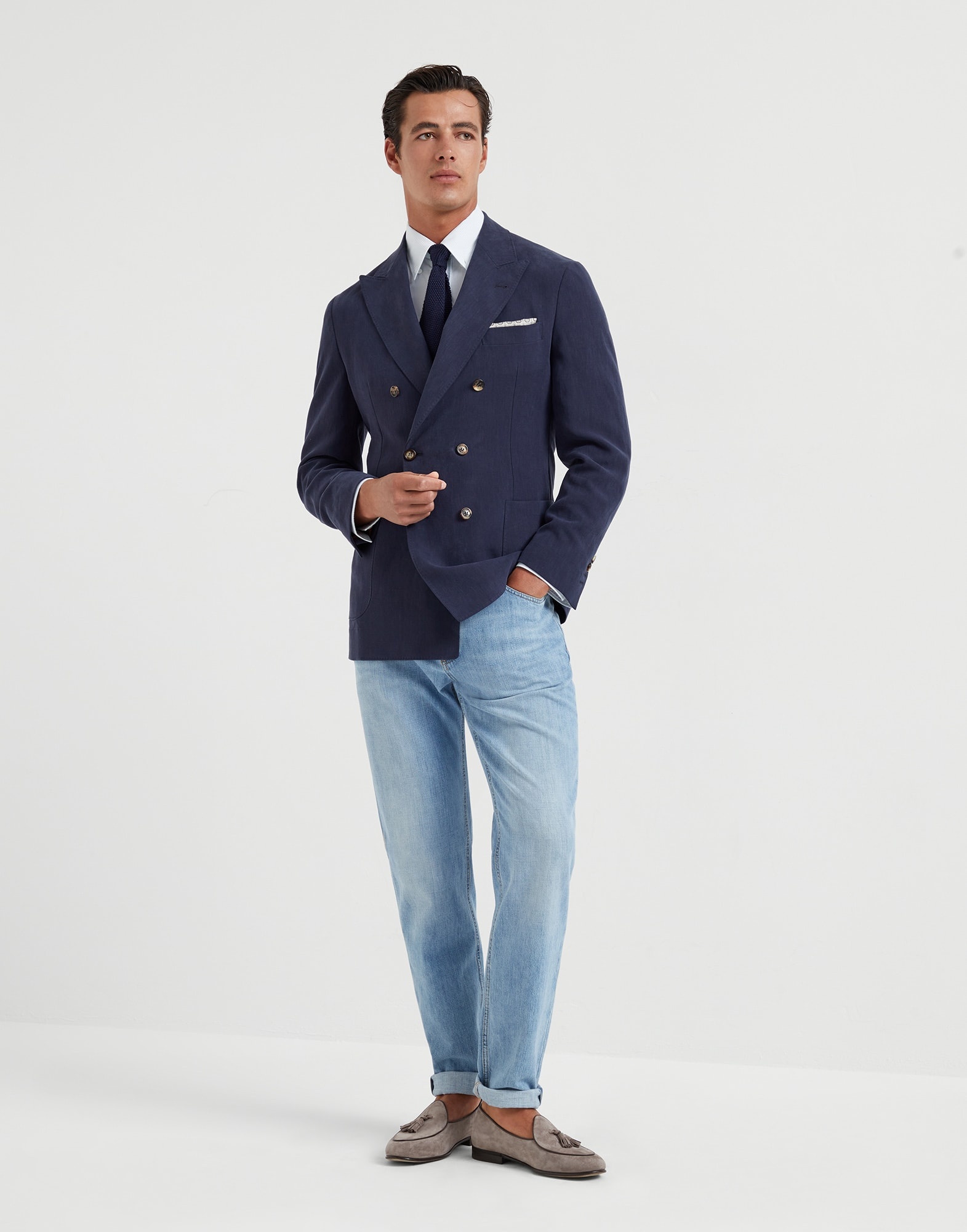 Lightweight denim traditional fit five-pocket trousers - 4