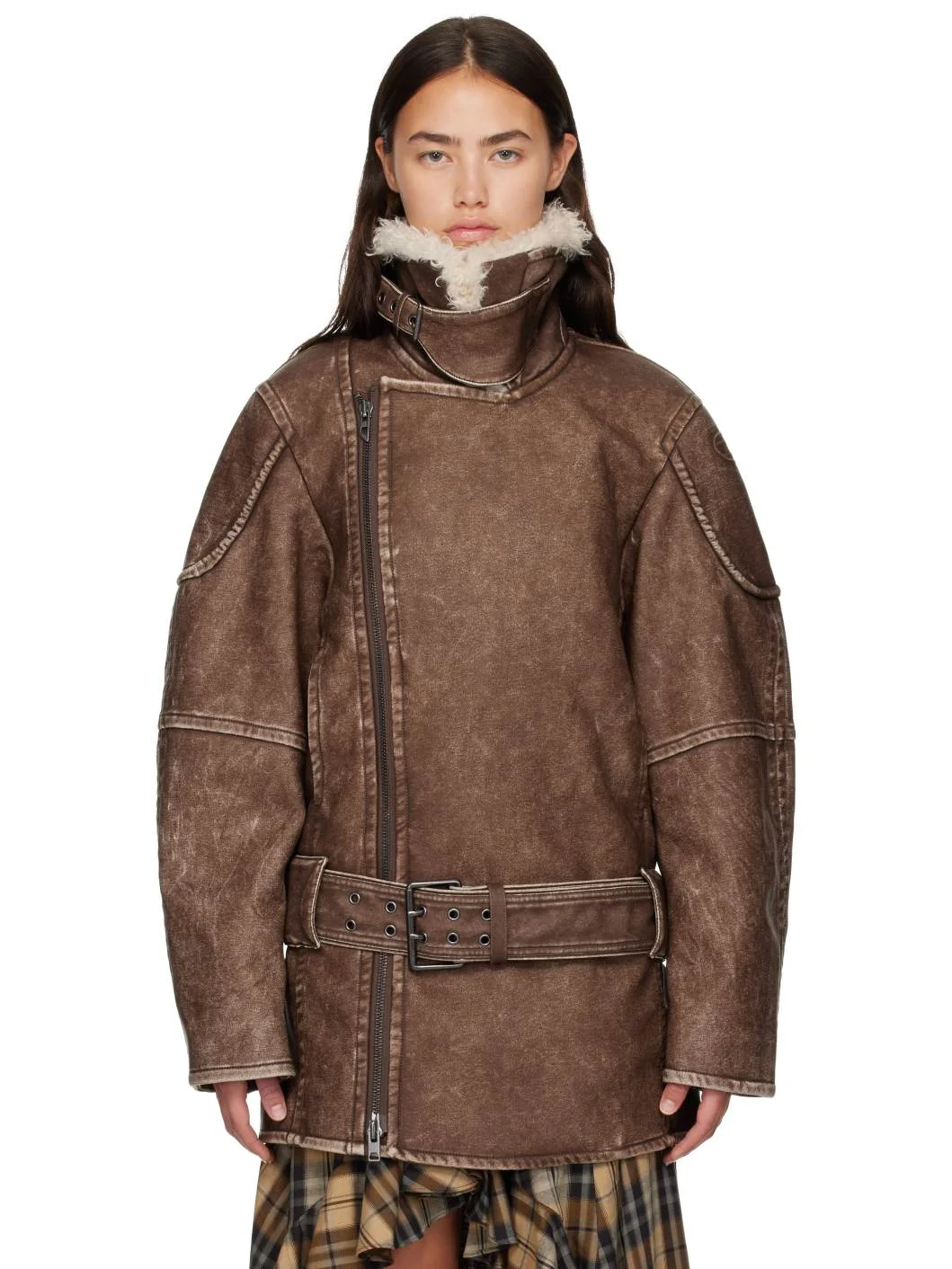 Brown Double-Breasted Aviator-Biker Coat - 1
