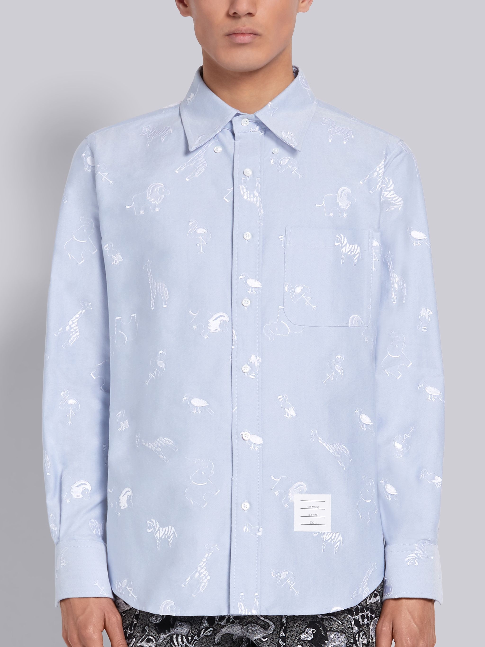 Light Blue Cotton Oxford Multi-icon Embroidered Long Sleeve Shirt - 3