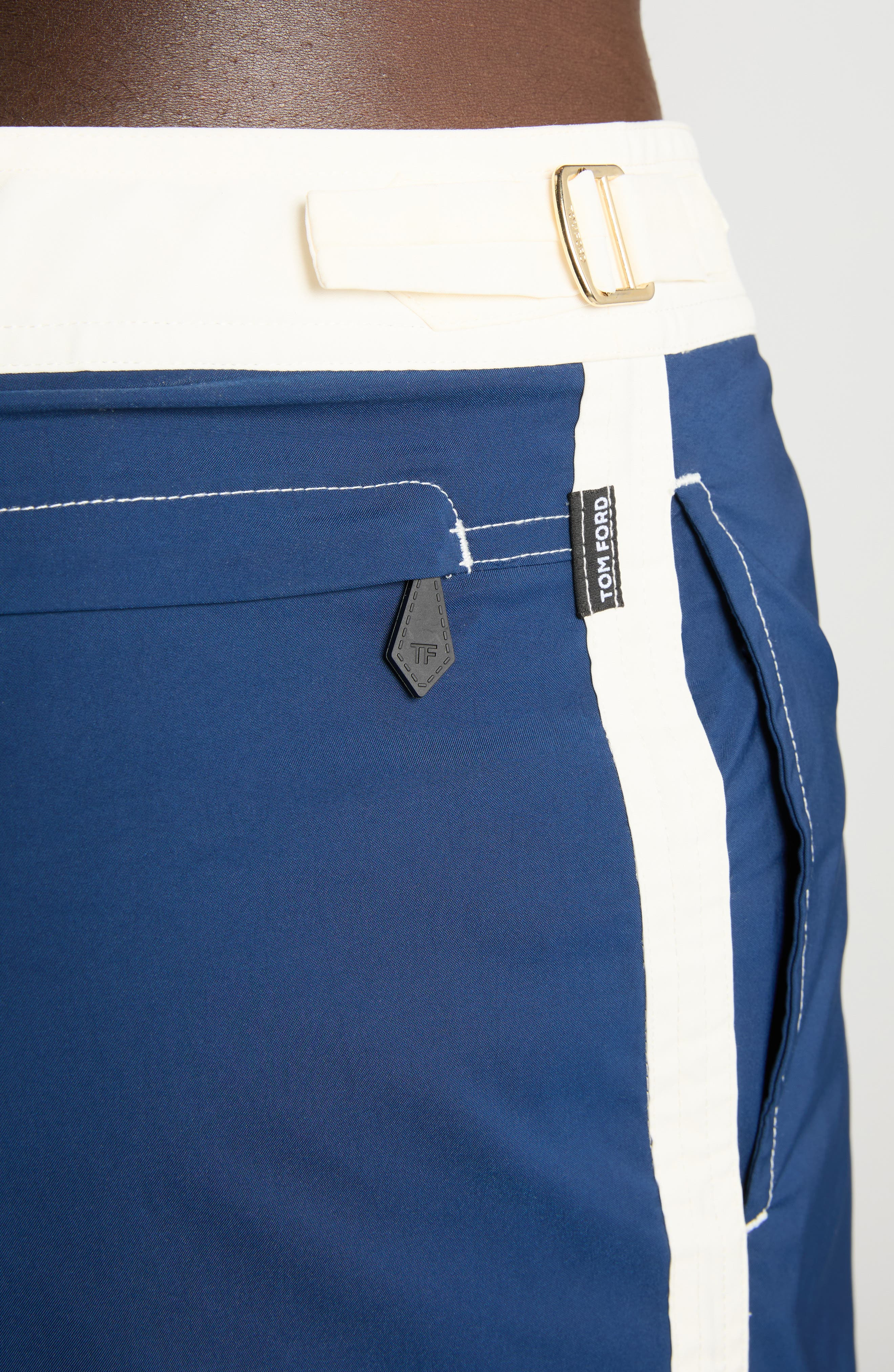 TOM FORD Microcompact Poplin Swim Trunks in X7Baw Dark Blue/White at Nordstrom - 4