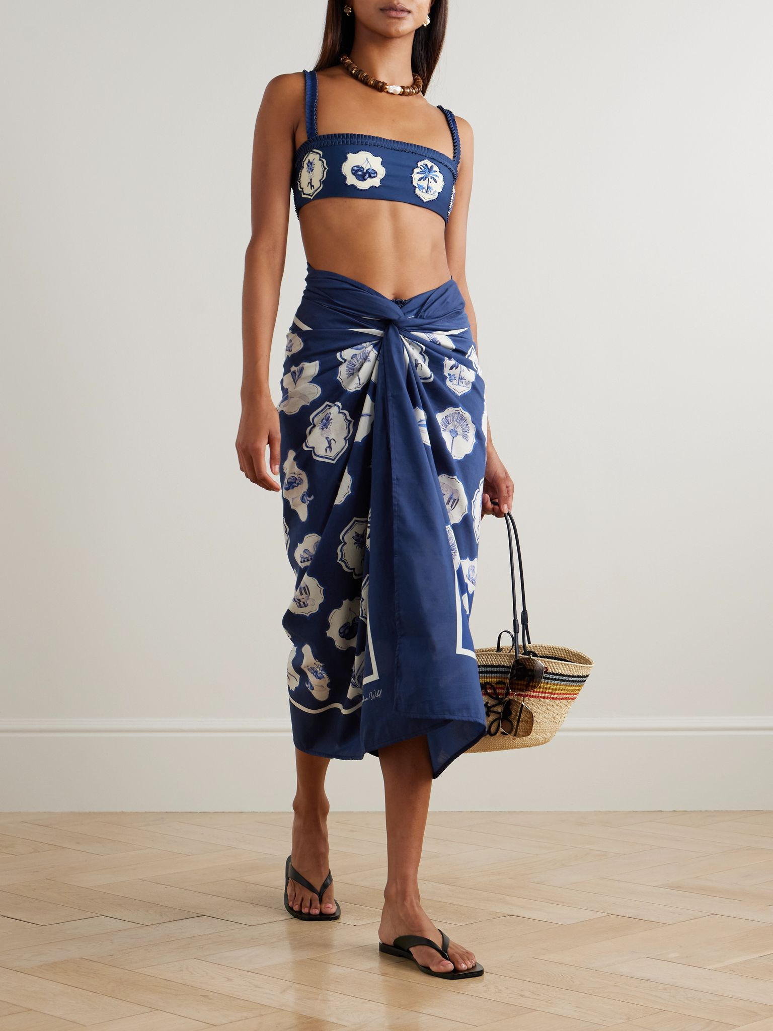 Lavanda printed organic cotton and silk-blend voile pareo Navy - 2