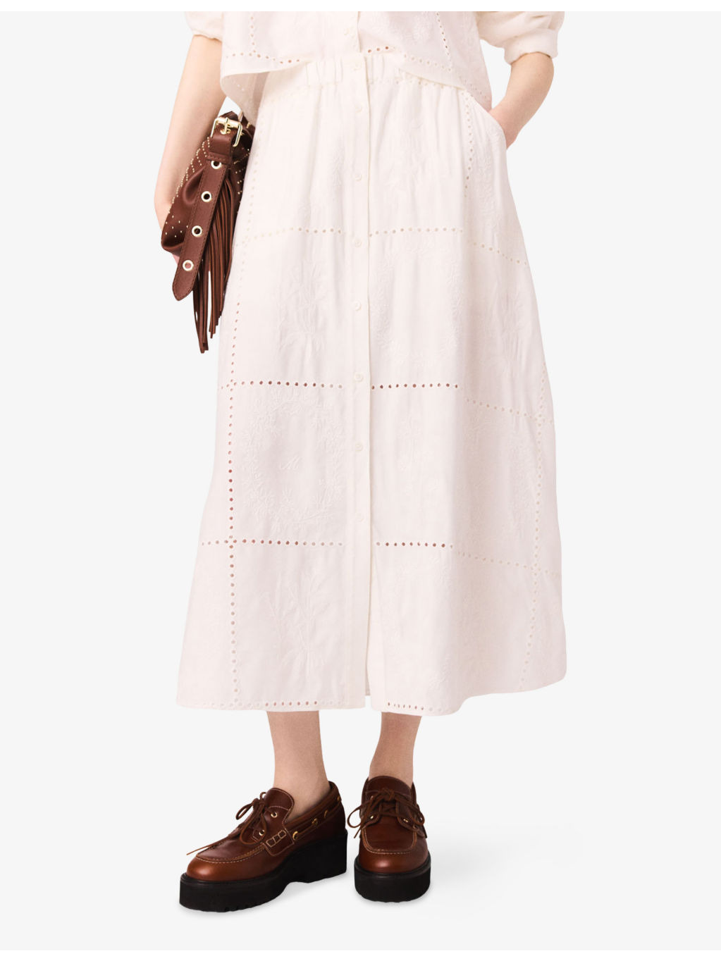 Elasticated-Waist Button-Down Embroidered Linen-Blend Midi Skirt - 5