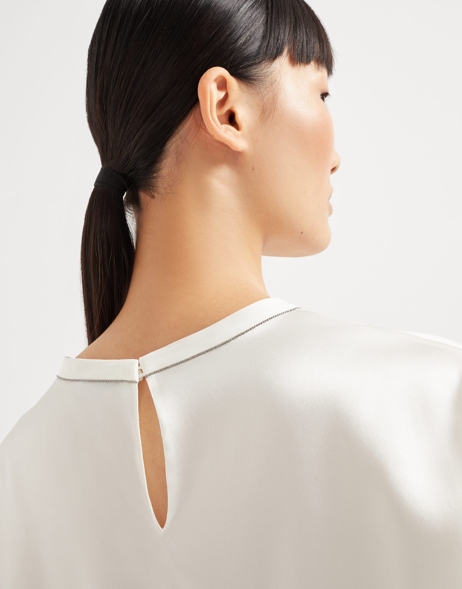 Stretch silk satin T-shirt with monili - 3