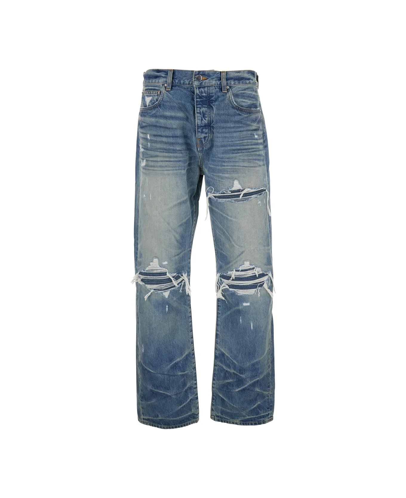 Blue Jeans With Ripped Details On The Front And Logo Patch On The Rear In Denim Man - 1