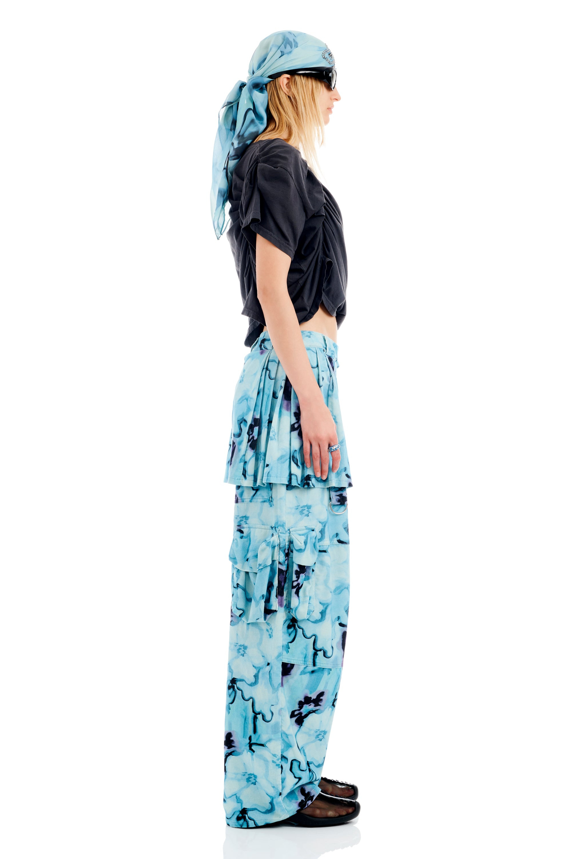 SKY WATERCOLOR FLORAL LAWN SKIRT CARGO PANT - 4