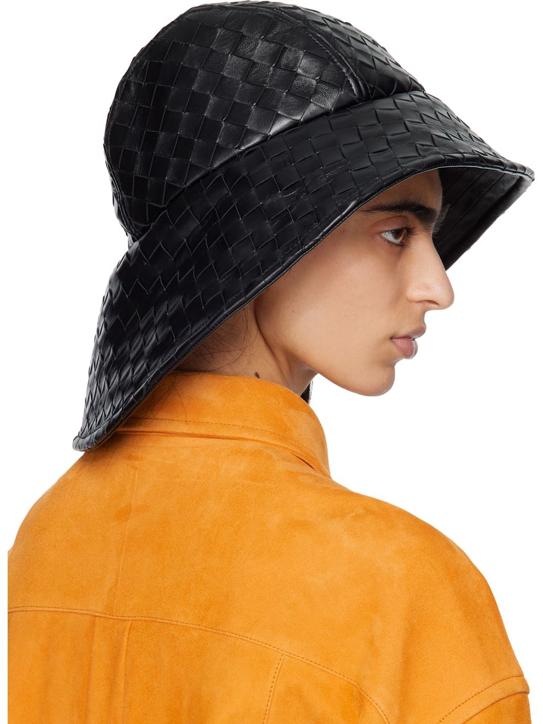 Black Intrecciato Leather Beach Hat - 3