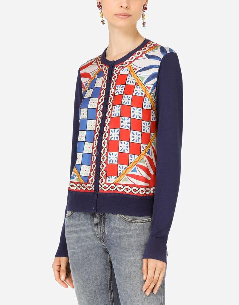 Carretto-print silk and twill cardigan 4