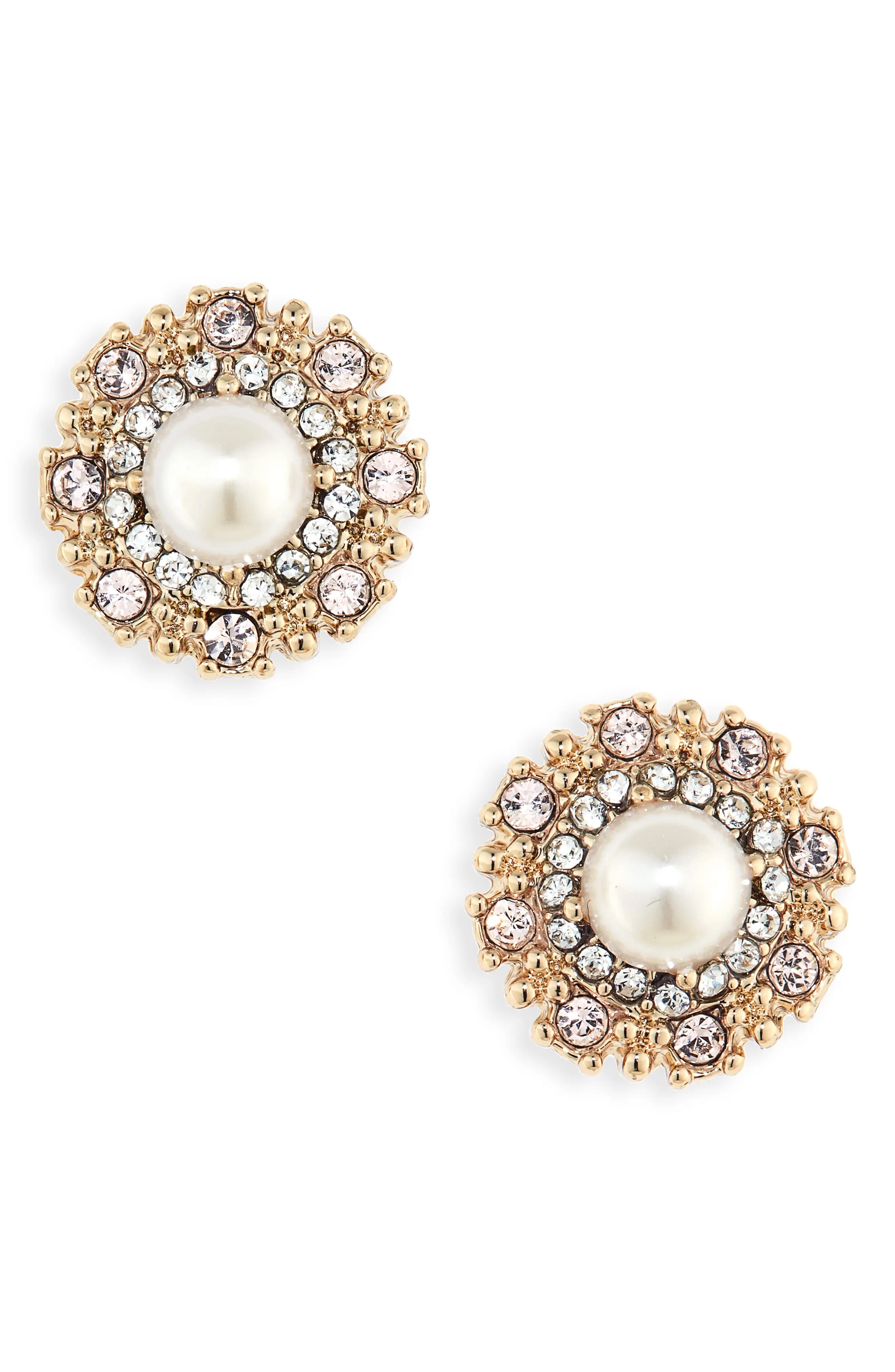 Pavé Halo Imitation Pearl Stud Earrings in Gold/Blush - 1